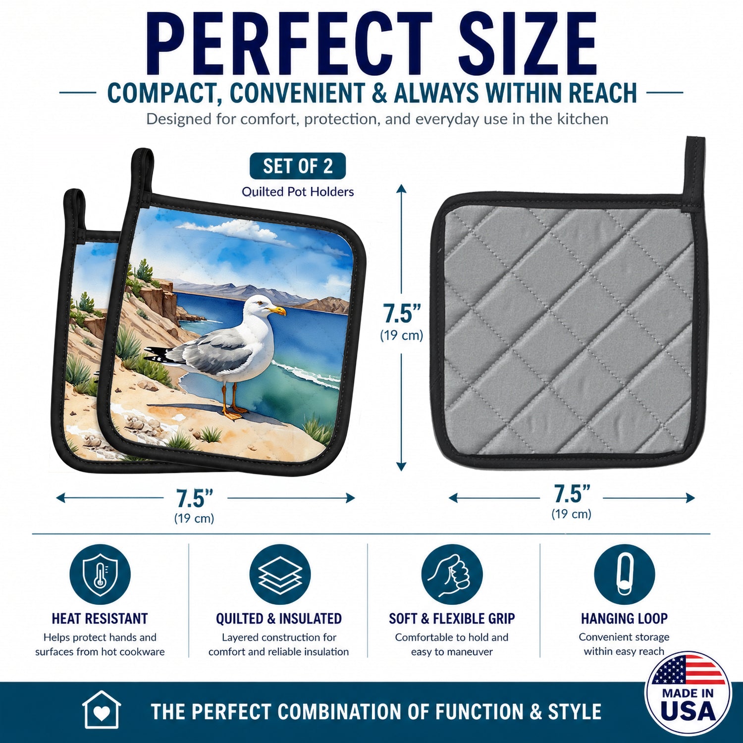 Utah California Gull Pot Holder Set of 2 Heat Resistant Quilted Hot Pads 7.5 x 7.5 Inch, Insulated Kitchen Trivets for Cooking & Baking