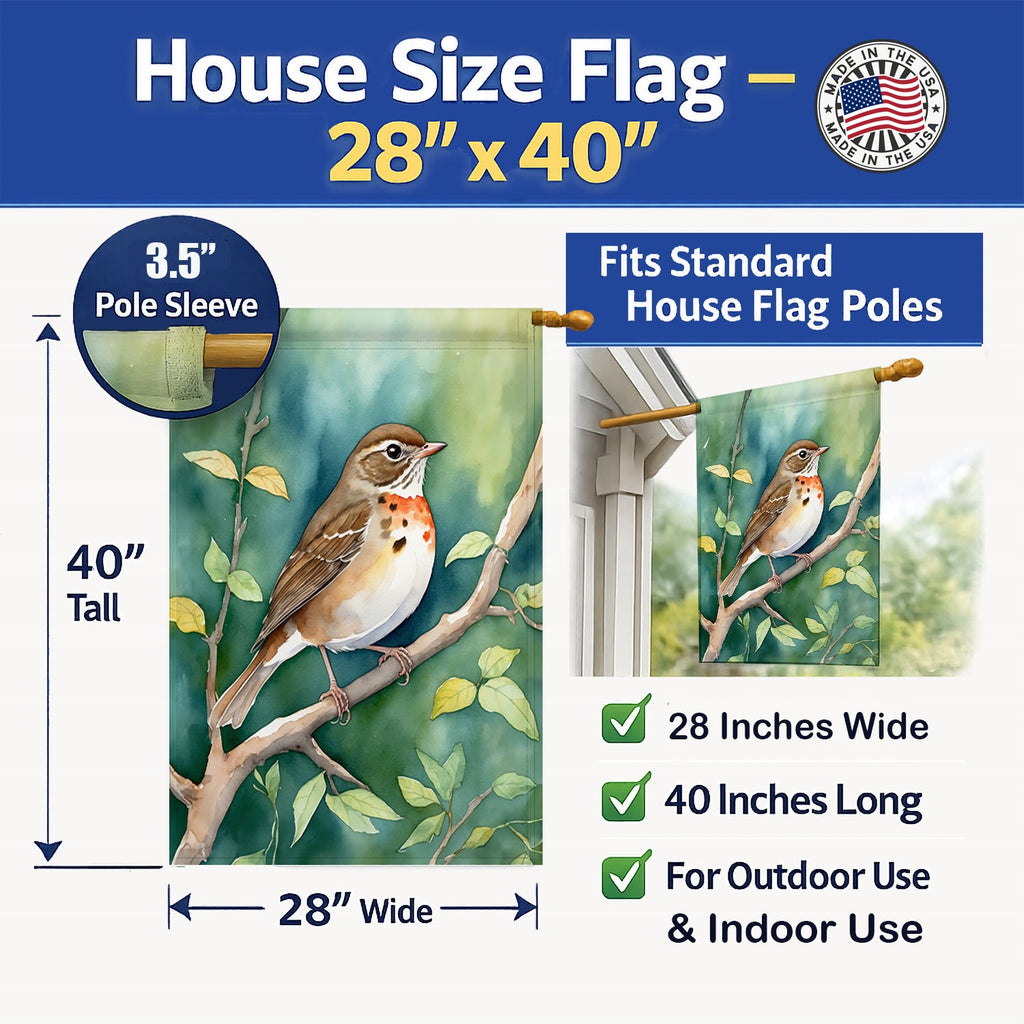 Vermont Hermit Thrush House Flag 28x40 Porch Sleeve Pole Decorative Outside Yard Banner Artwork Wall Hanging, Polyester