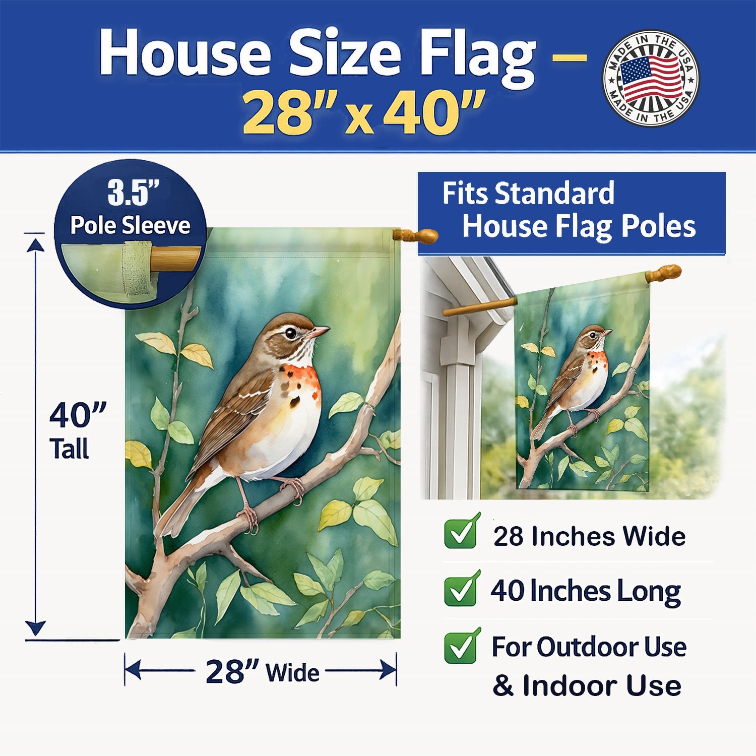 Vermont Hermit Thrush House Flag 28x40 Porch Sleeve Pole Decorative Outside Yard Banner Artwork Wall Hanging, Polyester