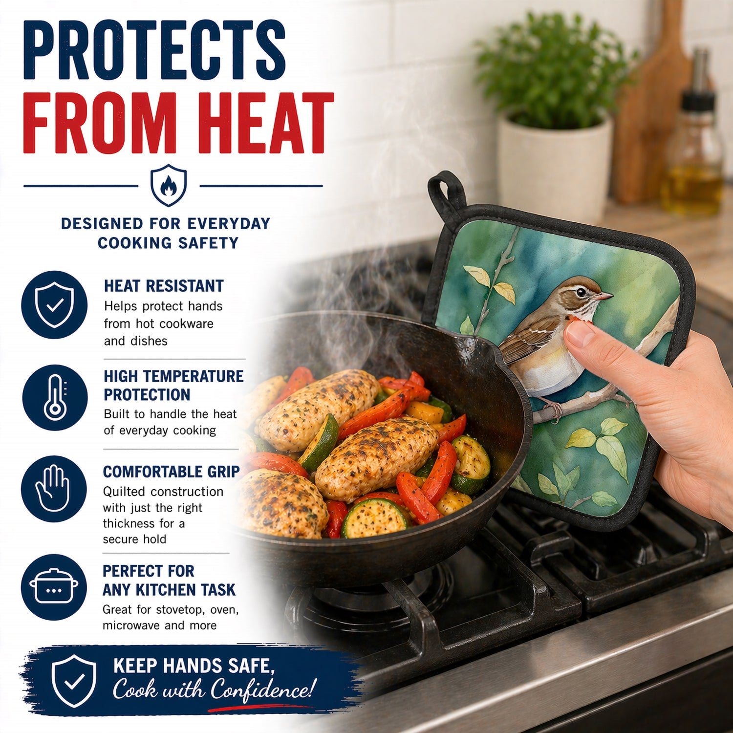 Vermont Hermit Thrush Pot Holder Set of 2 Heat Resistant Quilted Hot Pads 7.5 x 7.5 Inch, Insulated Kitchen Trivets for Cooking & Baking