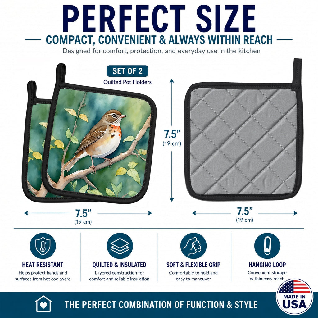 Vermont Hermit Thrush Pot Holder Set of 2 Heat Resistant Quilted Hot Pads 7.5 x 7.5 Inch, Insulated Kitchen Trivets for Cooking & Baking