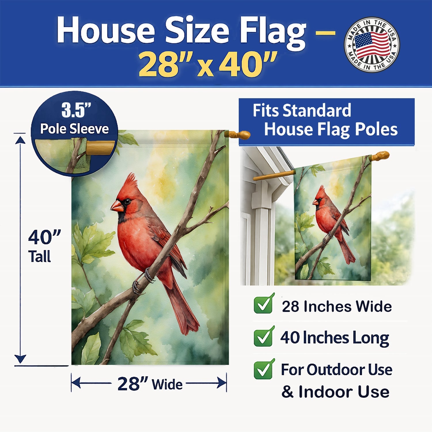 West Virginia Northern CardInal House Flag 28x40 Porch Sleeve Pole Decorative Outside Yard Banner Artwork Wall Hanging, Polyester