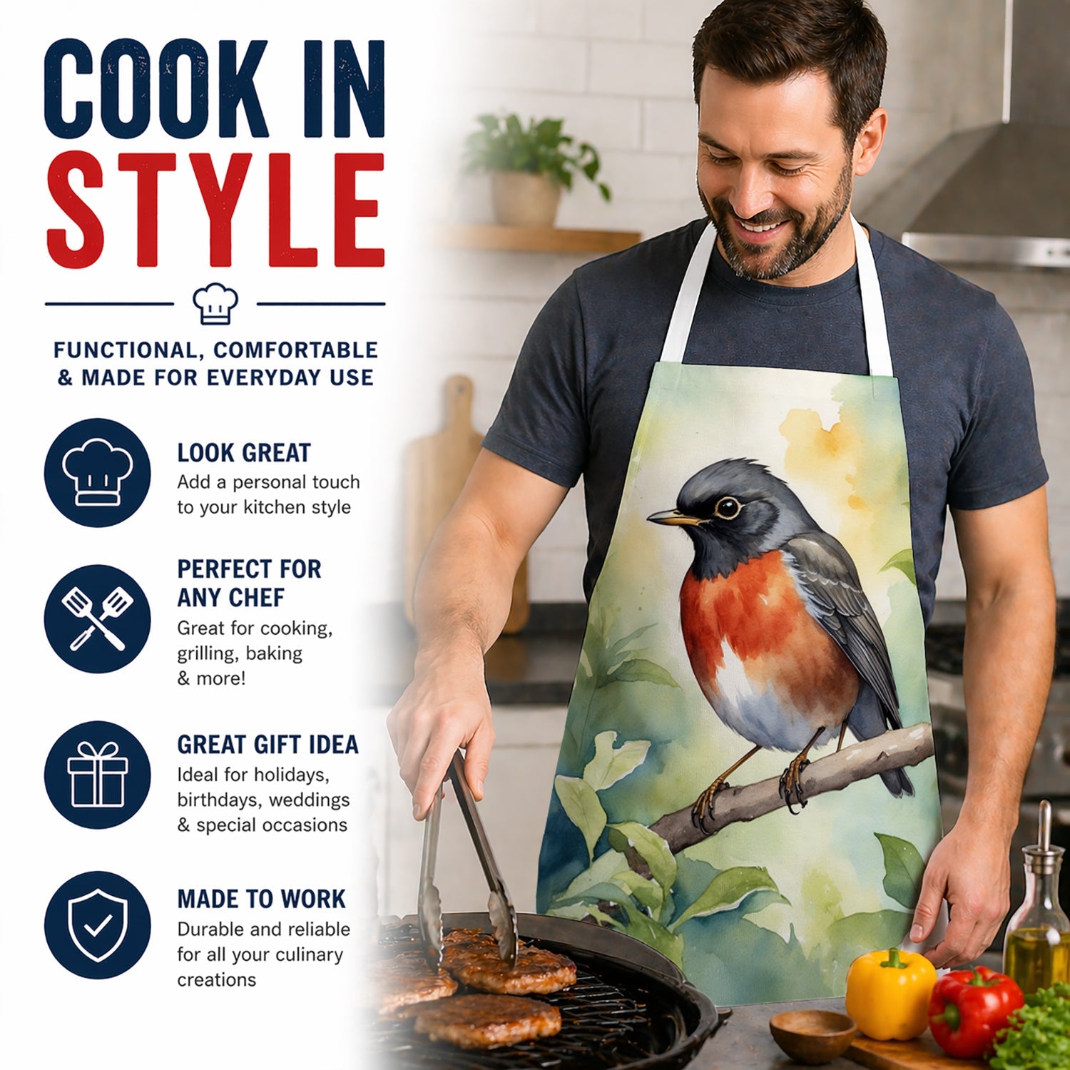 Wisconsin American Robin Apron Cooking Kitchen Server Baking Crafts Gardening for Adult Women Men, Unisex, Large, Multicolor