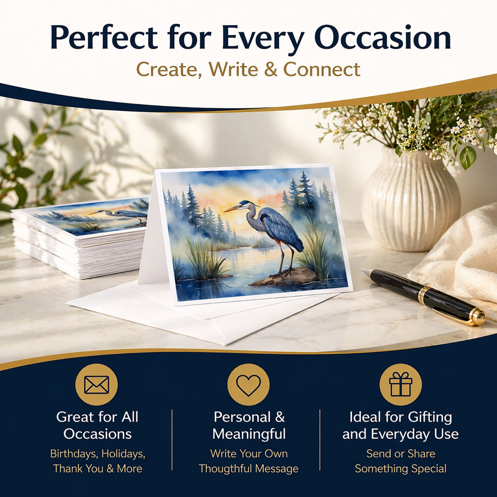 Great Blue Heron Marsh Landscape Watercolor Greeting Cards Pack of 8 Blank Cards with Envelopes Whimsical A7 Size 5x7