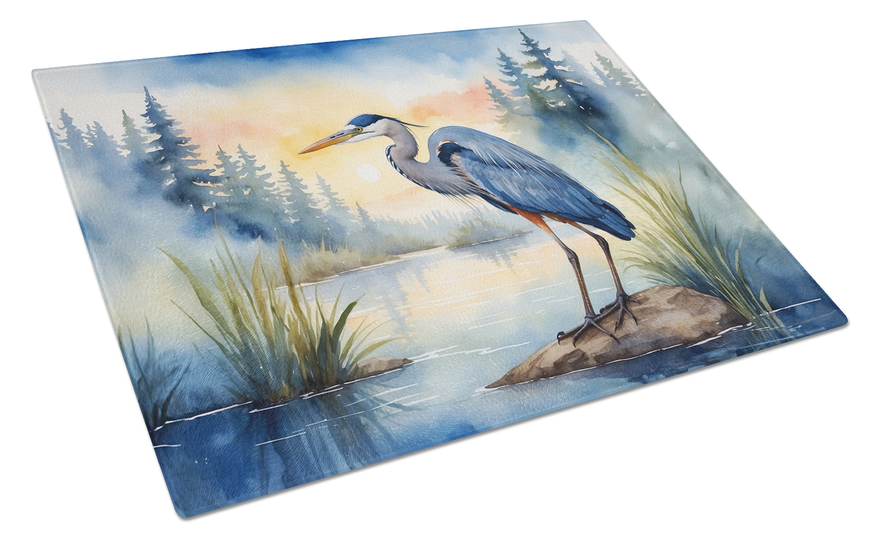 Great Blue Heron Marsh Landscape Watercolor Cutting Board Tempered Glass Kitchen Cutting Surface, Heat Resistant Chopping, Non-Slip Feet, Food Prep & Serving