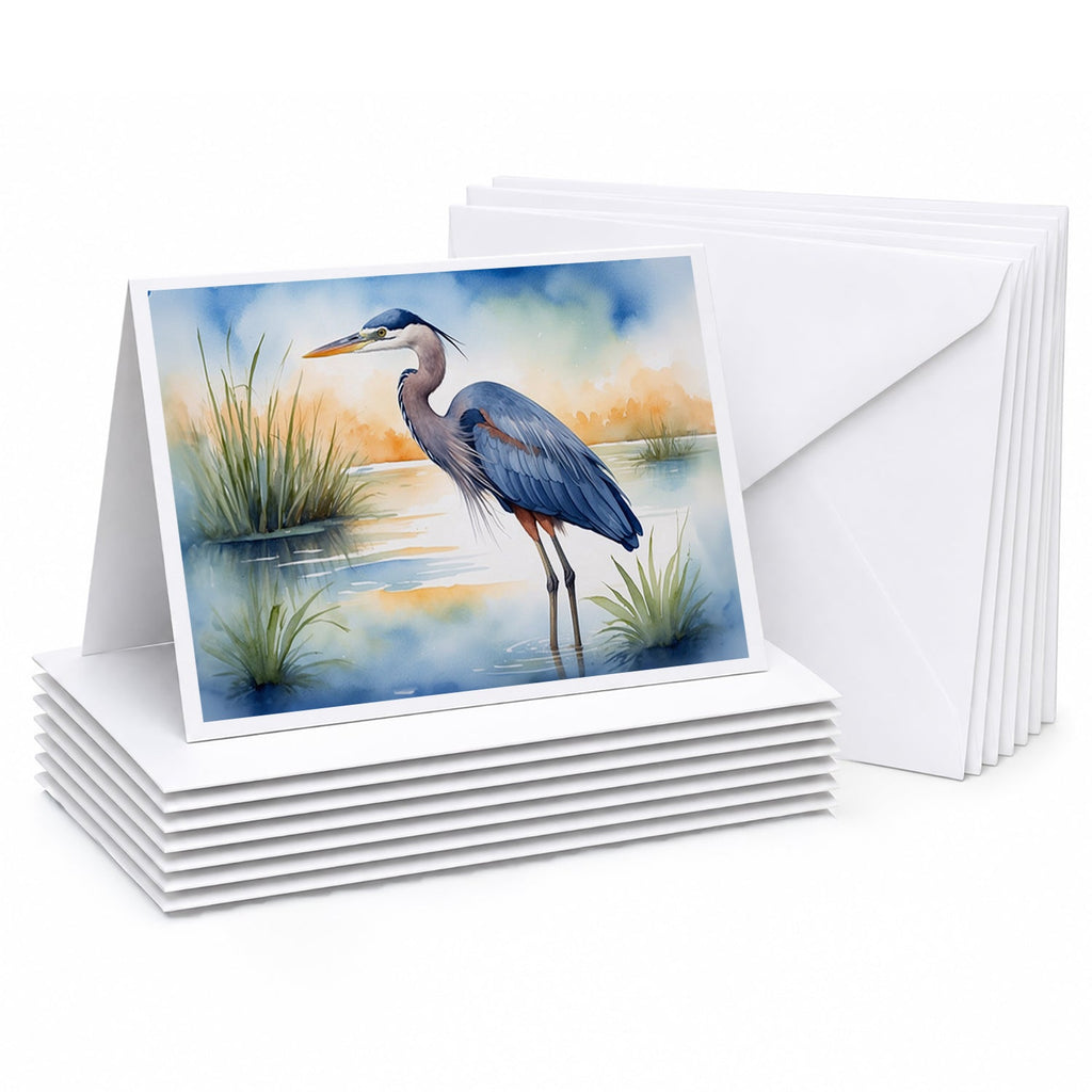 Great Blue Heron Wetland Scene Watercolor Greeting Cards Pack of 8 Blank Cards with Envelopes Whimsical A7 Size 5x7
