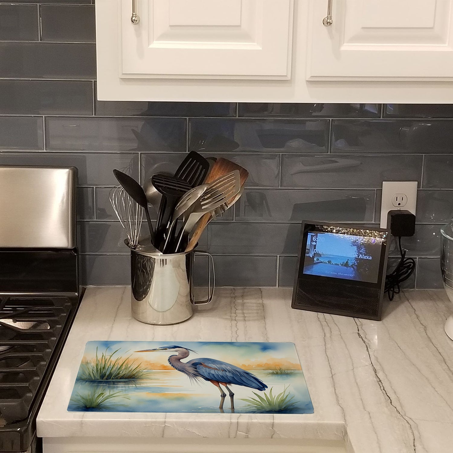 Great Blue Heron Wetland Scene Watercolor Cutting Board Tempered Glass Kitchen Cutting Surface, Heat Resistant Chopping, Non-Slip Feet, Food Prep & Serving