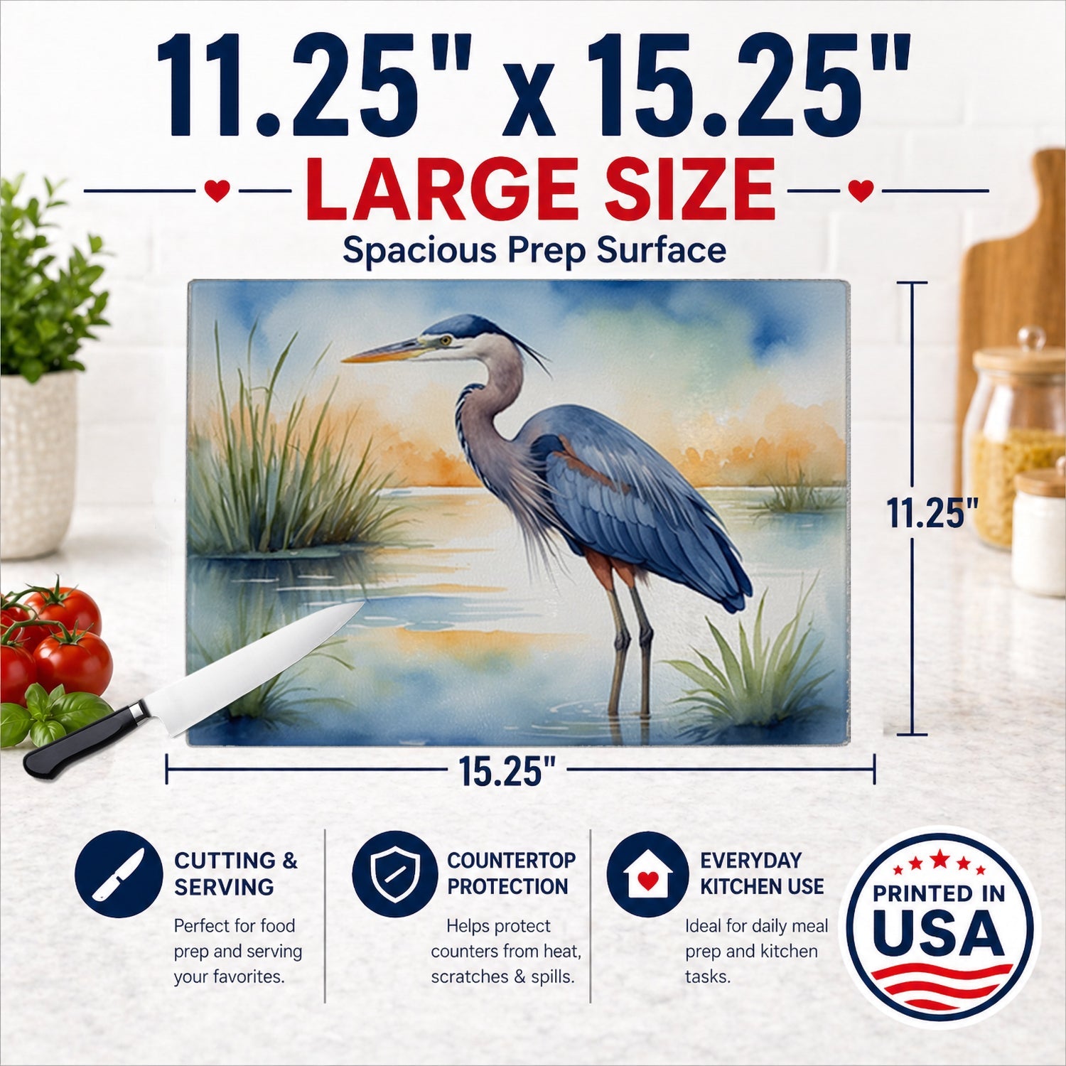 Great Blue Heron Wetland Scene Watercolor Cutting Board Tempered Glass Kitchen Cutting Surface, Heat Resistant Chopping, Non-Slip Feet, Food Prep & Serving
