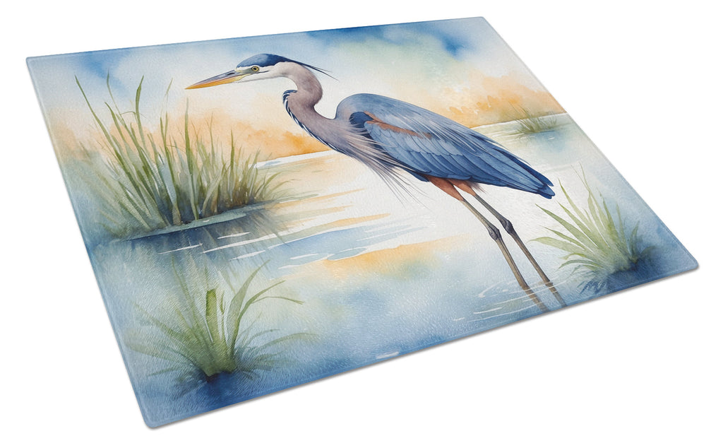 Great Blue Heron Wetland Scene Watercolor Cutting Board Tempered Glass Kitchen Cutting Surface, Heat Resistant Chopping, Non-Slip Feet, Food Prep & Serving