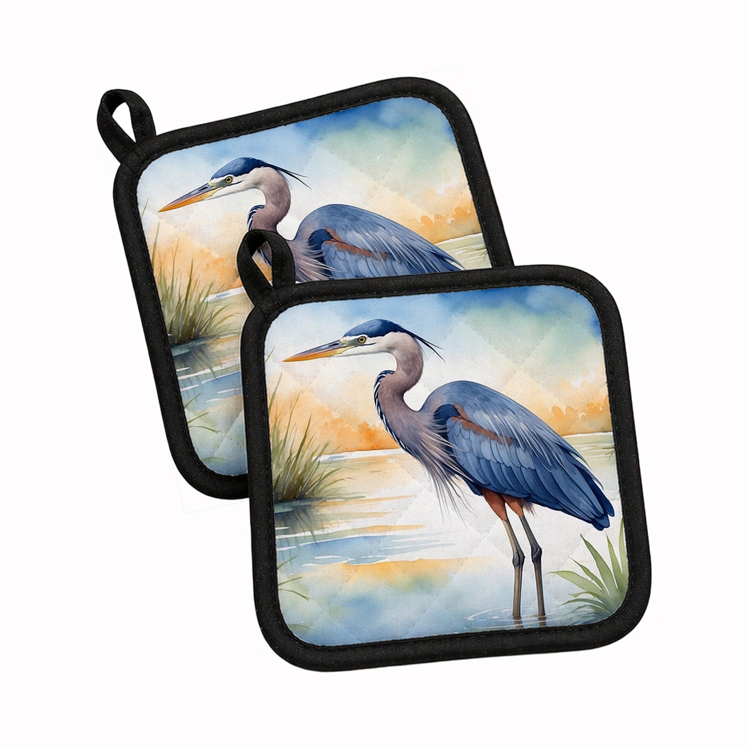 Great Blue Heron Wetland Scene Watercolor Pot Holder Set of 2 Heat Resistant Quilted Hot Pads 7.5 x 7.5 Inch, Insulated Kitchen Trivets for Cooking & Baking