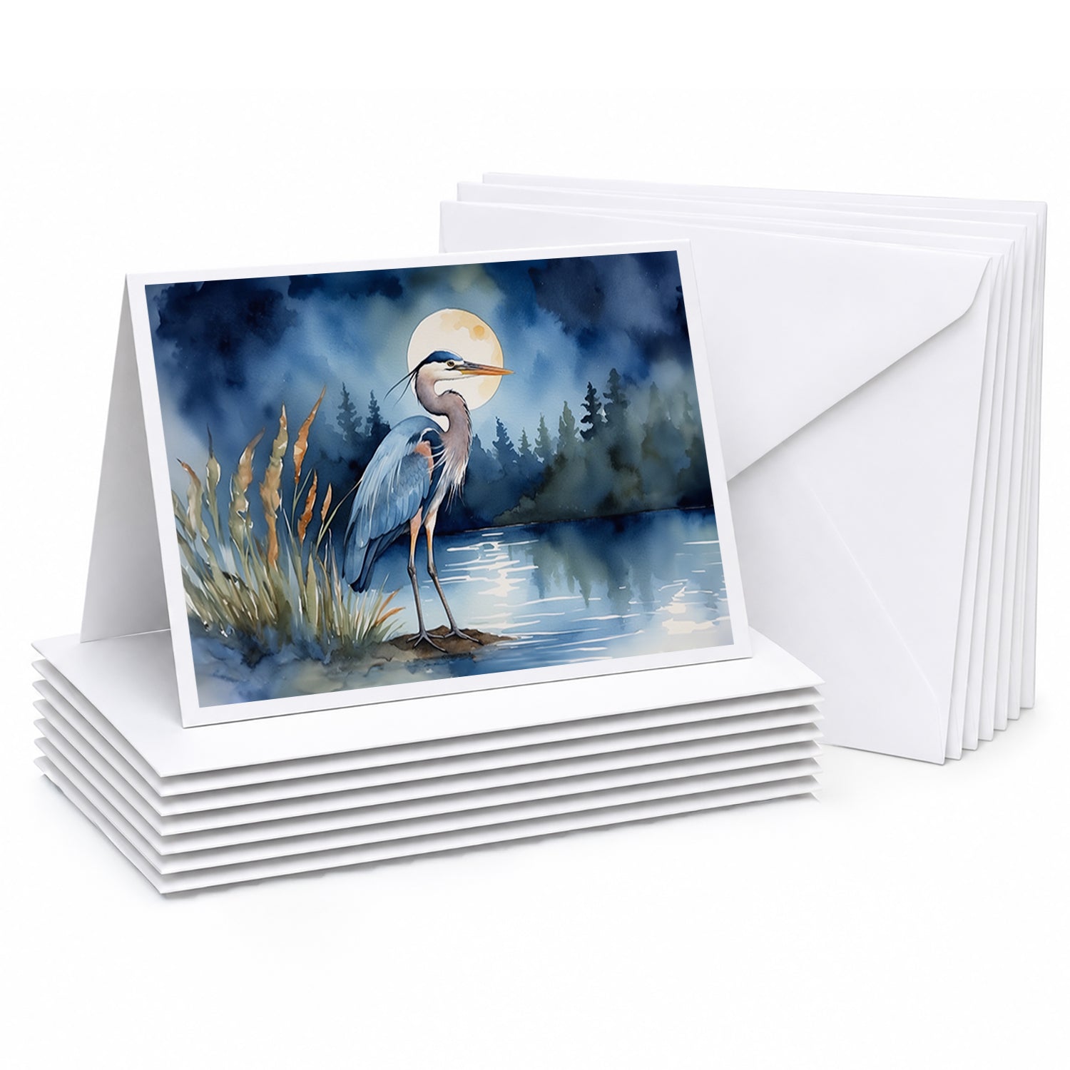 Great Blue Heron Moonlight Marsh Watercolor Greeting Cards Pack of 8 Blank Cards with Envelopes Whimsical A7 Size 5x7