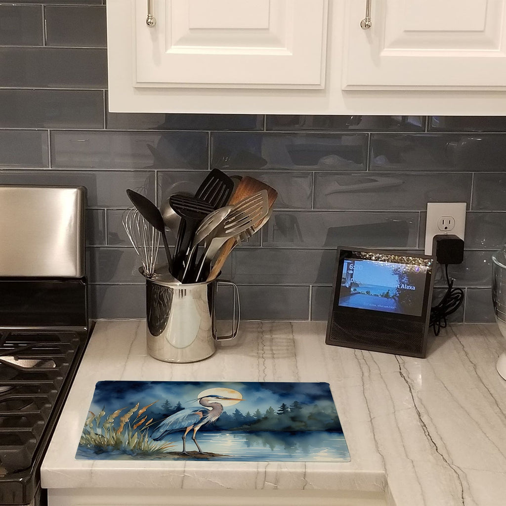 Great Blue Heron Moonlight Marsh Watercolor Cutting Board Tempered Glass Kitchen Cutting Surface, Heat Resistant Chopping, Non-Slip Feet, Food Prep & Serving