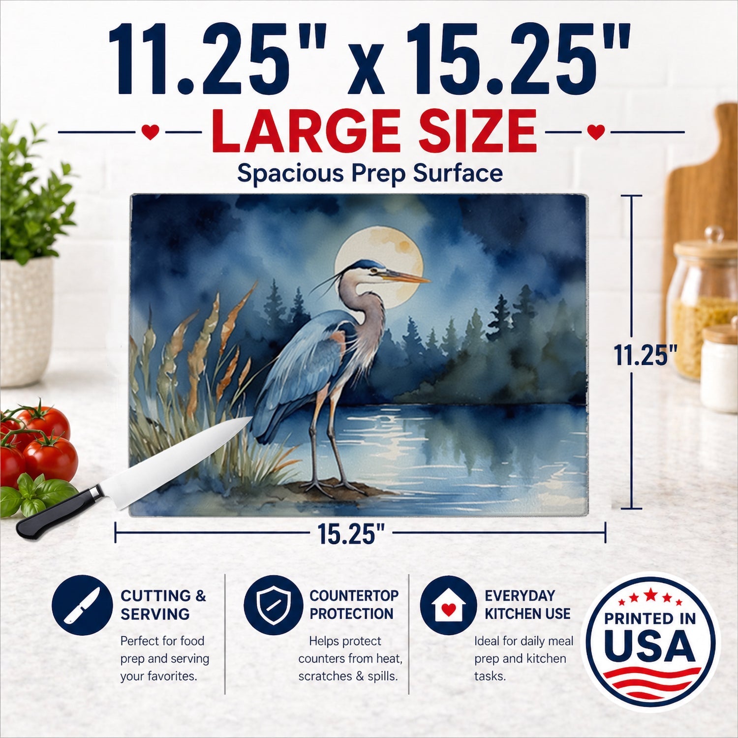 Great Blue Heron Moonlight Marsh Watercolor Cutting Board Tempered Glass Kitchen Cutting Surface, Heat Resistant Chopping, Non-Slip Feet, Food Prep & Serving