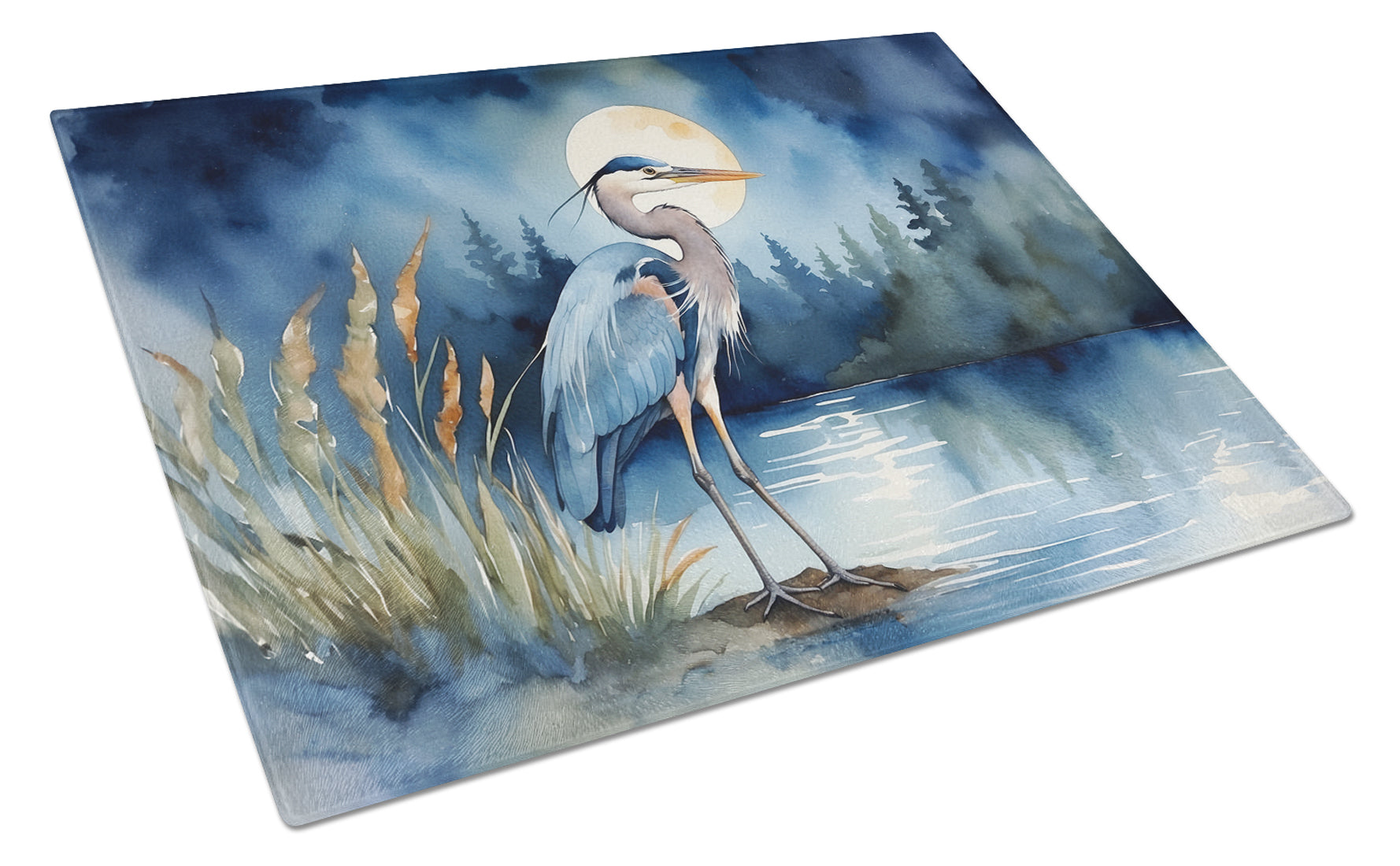 Great Blue Heron Moonlight Marsh Watercolor Cutting Board Tempered Glass Kitchen Cutting Surface, Heat Resistant Chopping, Non-Slip Feet, Food Prep & Serving