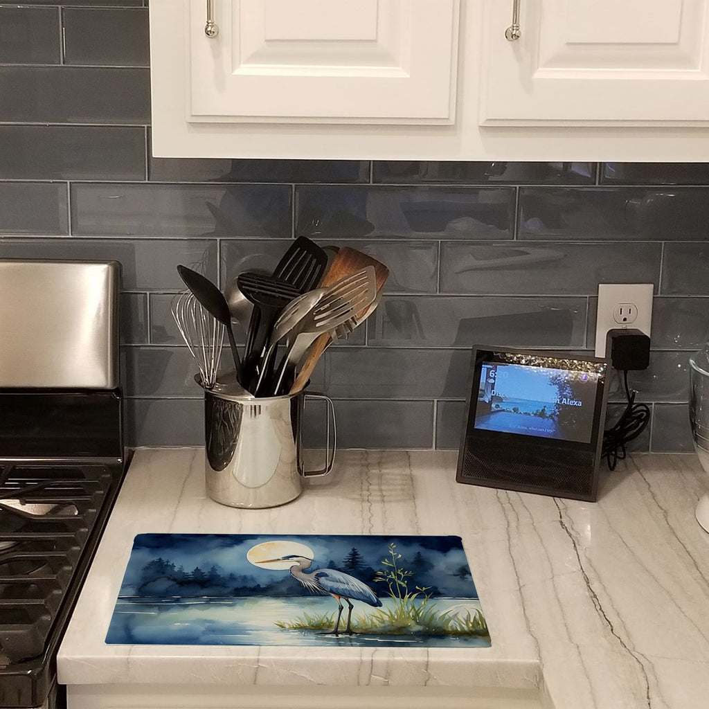 Great Blue Heron Night Lake Scene Watercolor Cutting Board Tempered Glass Kitchen Cutting Surface, Heat Resistant Chopping, Non-Slip Feet, Food Prep & Serving