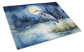 Great Blue Heron Night Lake Scene Watercolor Cutting Board Tempered Glass Kitchen Cutting Surface, Heat Resistant Chopping, Non-Slip Feet, Food Prep & Serving