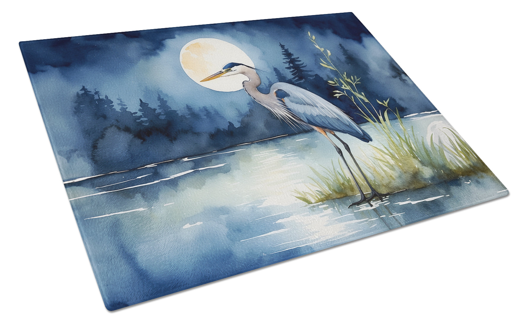 Great Blue Heron Night Lake Scene Watercolor Cutting Board Tempered Glass Kitchen Cutting Surface, Heat Resistant Chopping, Non-Slip Feet, Food Prep & Serving