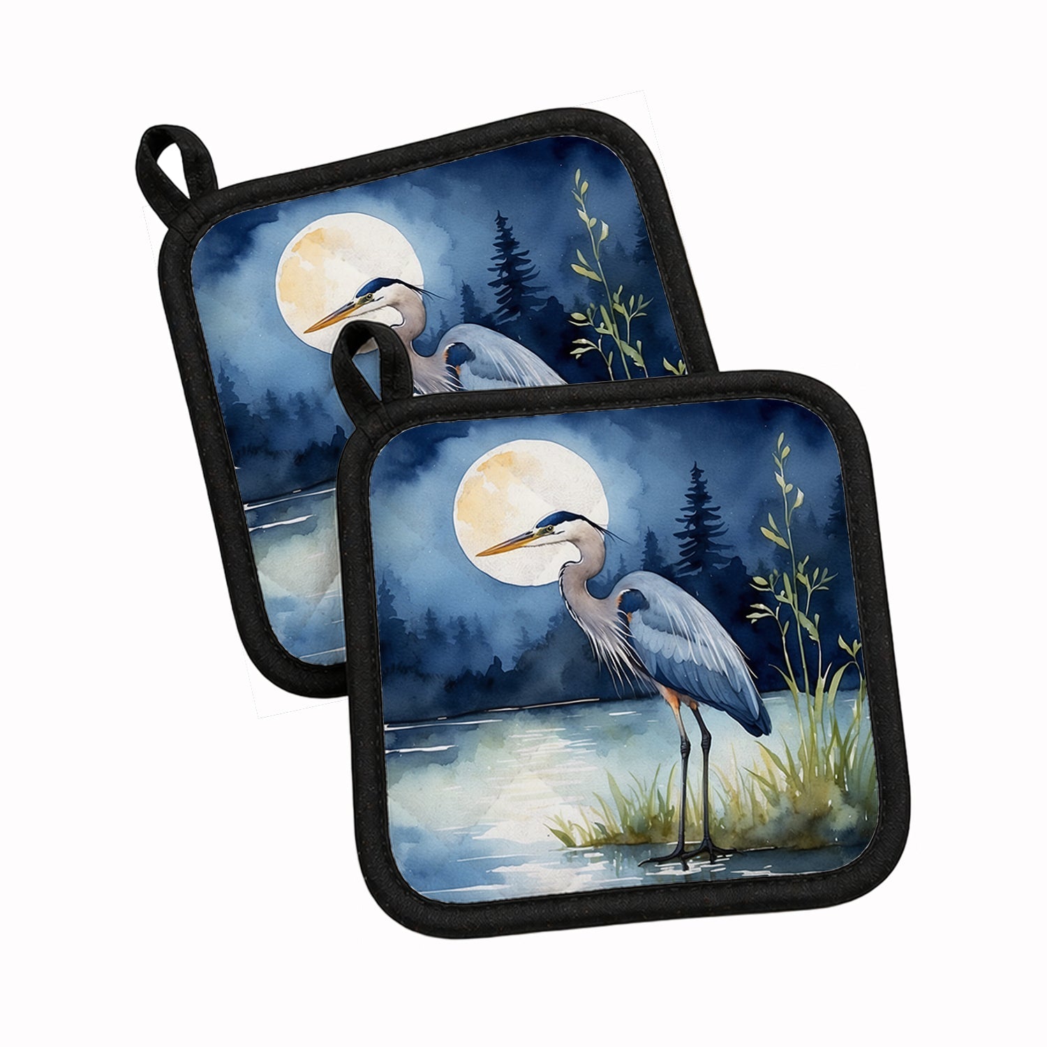 Great Blue Heron Night Lake Scene Watercolor Pot Holder Set of 2 Heat Resistant Quilted Hot Pads 7.5 x 7.5 Inch, Insulated Kitchen Trivets for Cooking & Baking