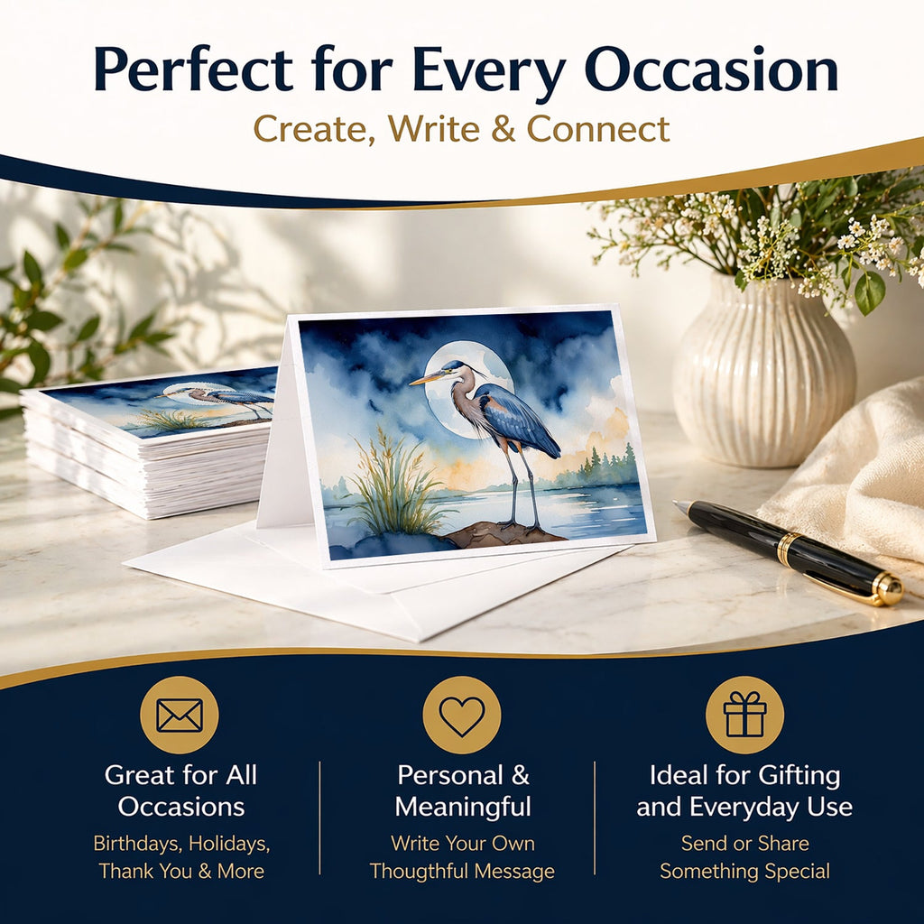 Great Blue Heron Full Moon Watercolor Greeting Cards Pack of 8 Blank Cards with Envelopes Whimsical A7 Size 5x7
