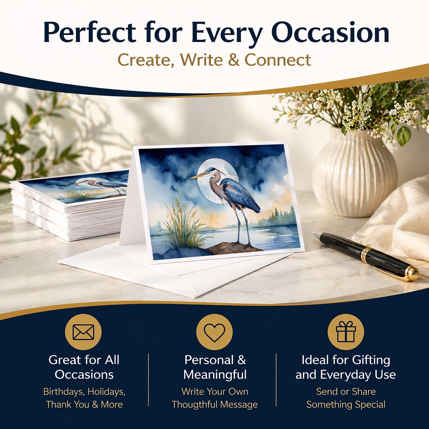 Great Blue Heron Full Moon Watercolor Greeting Cards Pack of 8 Blank Cards with Envelopes Whimsical A7 Size 5x7