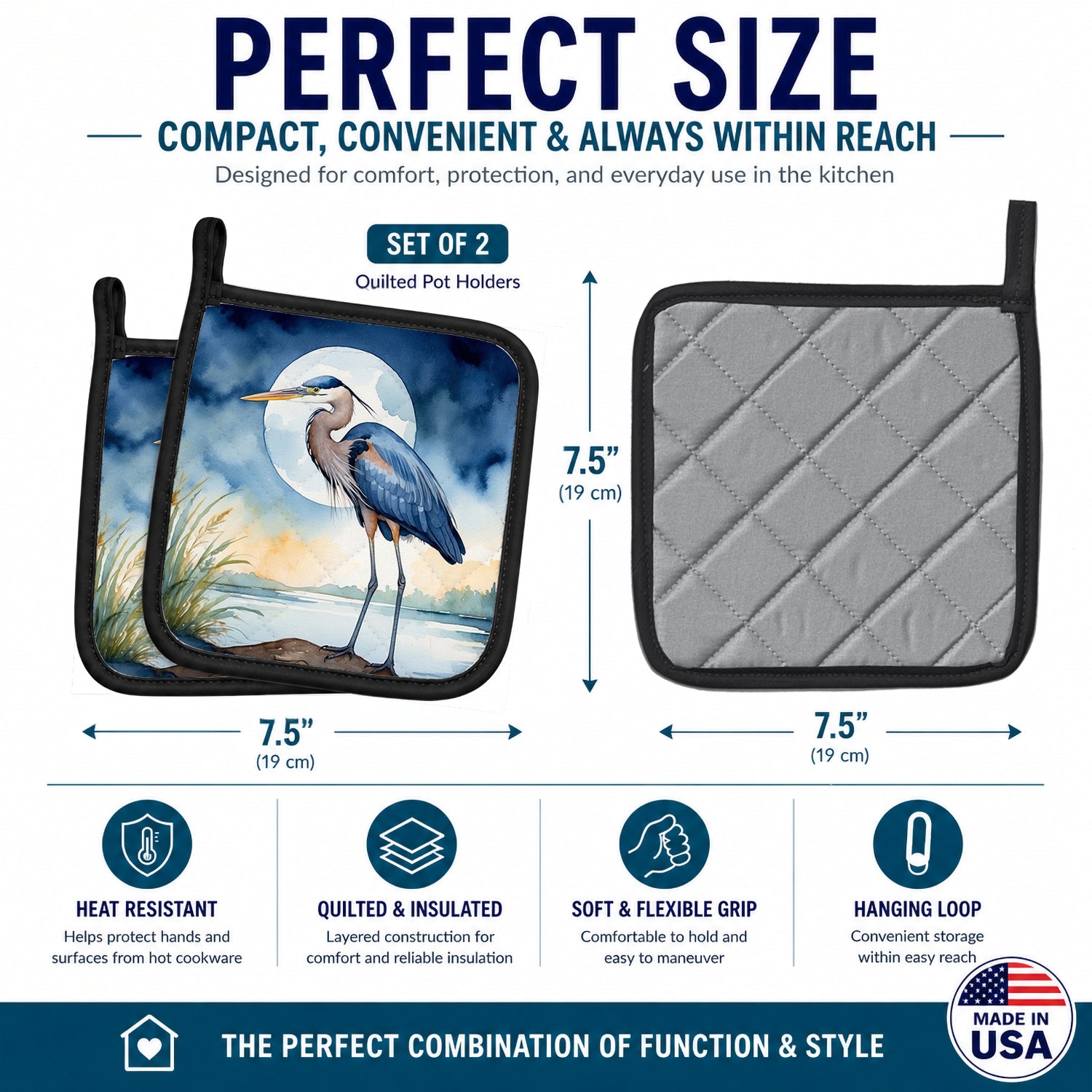 Great Blue Heron Full Moon Watercolor Pot Holder Set of 2 Heat Resistant Quilted Hot Pads 7.5 x 7.5 Inch, Insulated Kitchen Trivets for Cooking & Baking