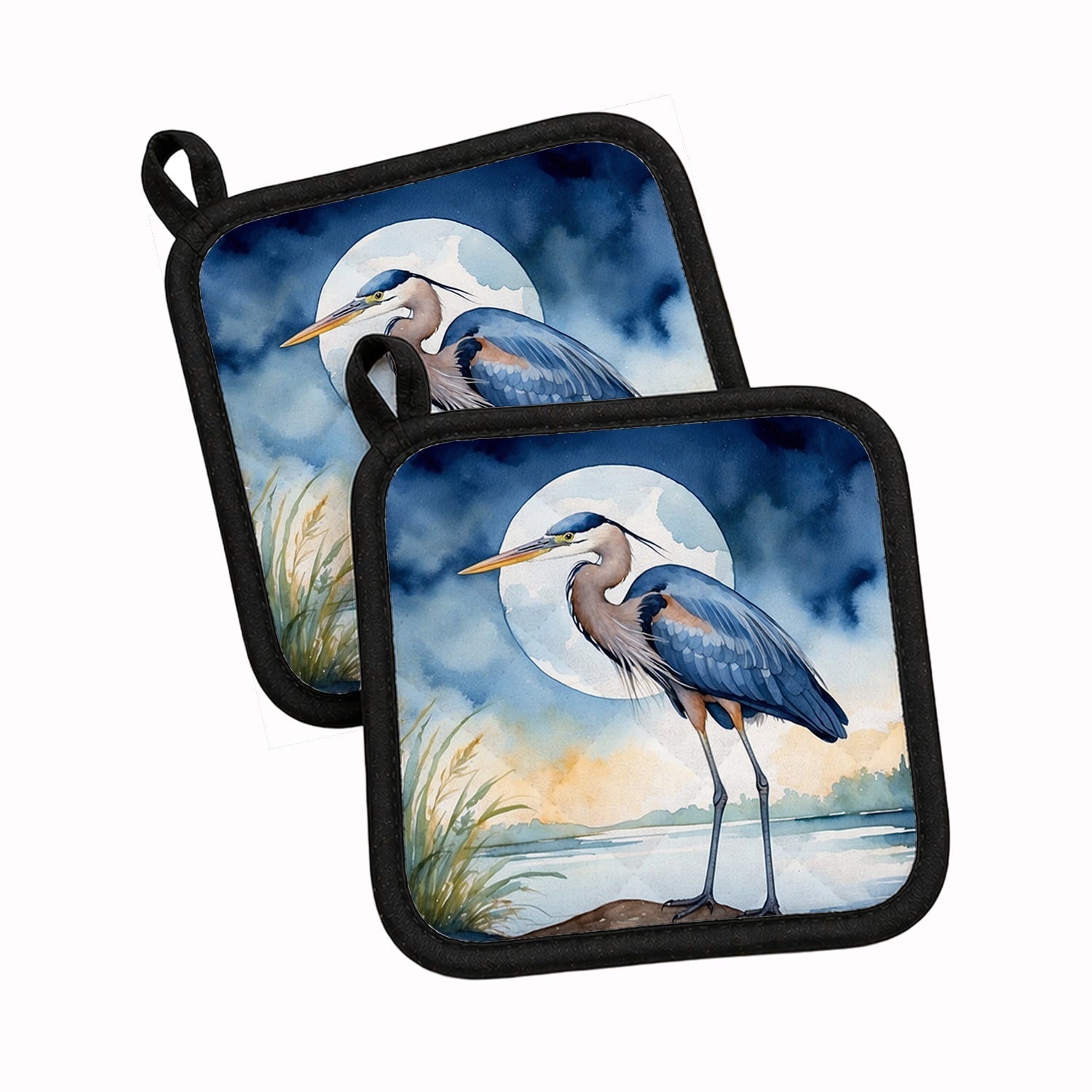Great Blue Heron Full Moon Watercolor Pot Holder Set of 2 Heat Resistant Quilted Hot Pads 7.5 x 7.5 Inch, Insulated Kitchen Trivets for Cooking & Baking