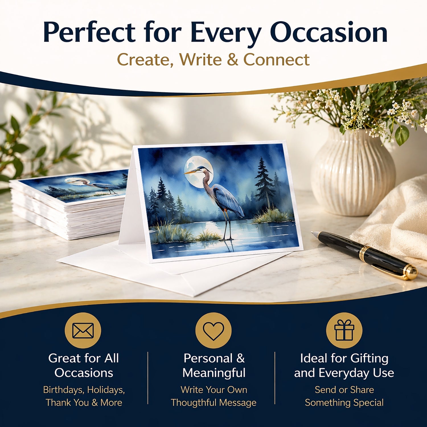 Great Blue Heron Lake Reflection Watercolor Greeting Cards Pack of 8 Blank Cards with Envelopes Whimsical A7 Size 5x7
