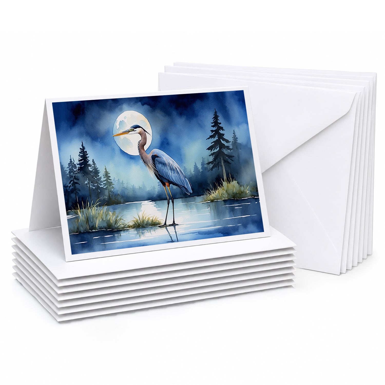 Great Blue Heron Lake Reflection Watercolor Greeting Cards Pack of 8 Blank Cards with Envelopes Whimsical A7 Size 5x7