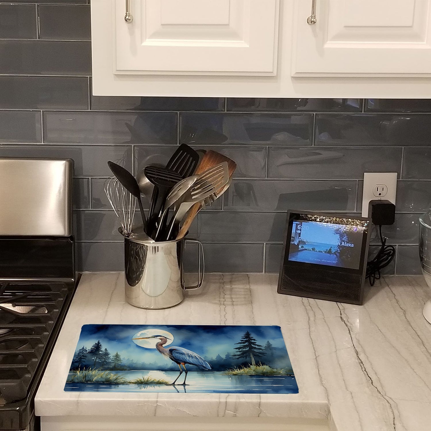 Great Blue Heron Lake Reflection Watercolor Cutting Board Tempered Glass Kitchen Cutting Surface, Heat Resistant Chopping, Non-Slip Feet, Food Prep & Serving