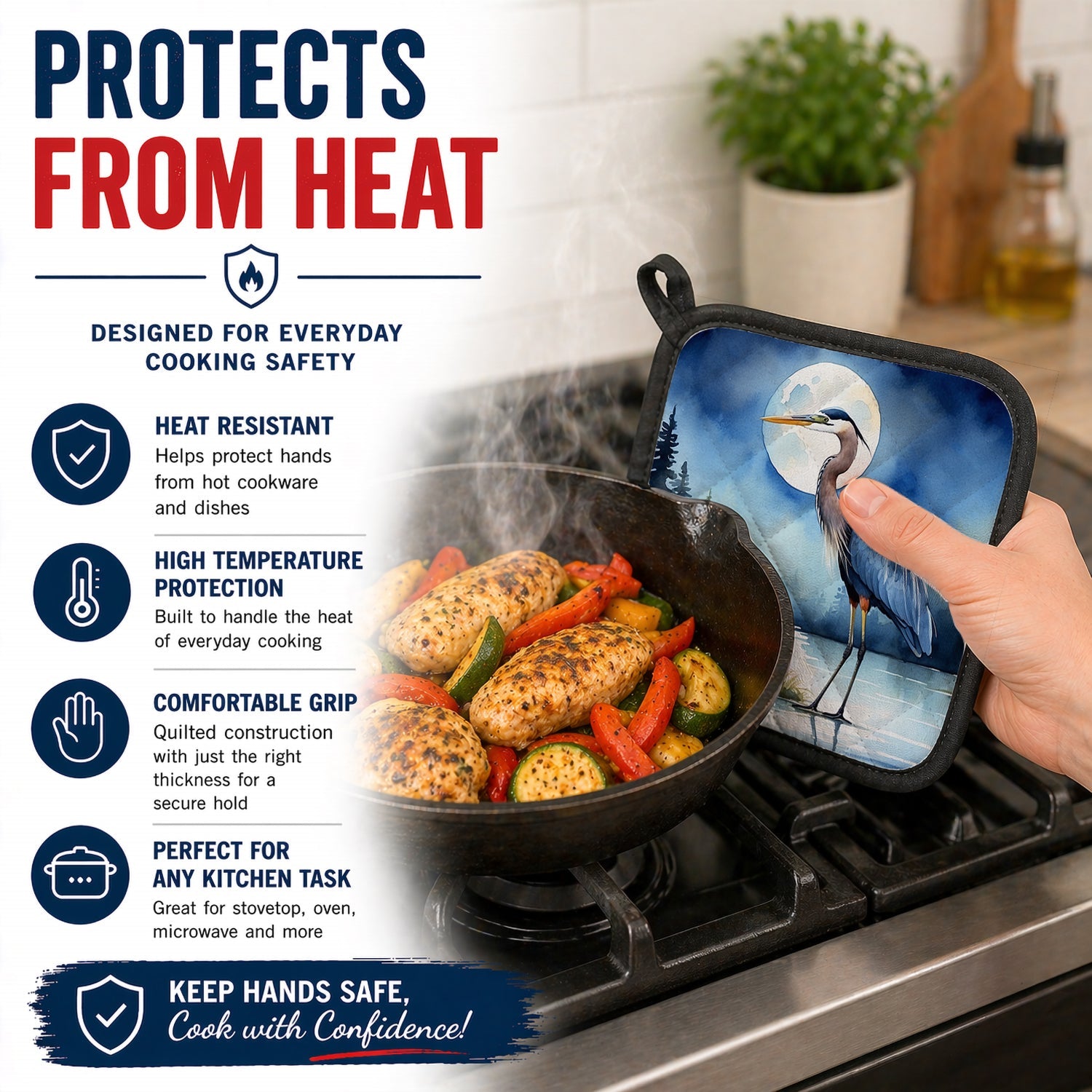 Great Blue Heron Lake Reflection Watercolor Pot Holder Set of 2 Heat Resistant Quilted Hot Pads 7.5 x 7.5 Inch, Insulated Kitchen Trivets for Cooking & Baking