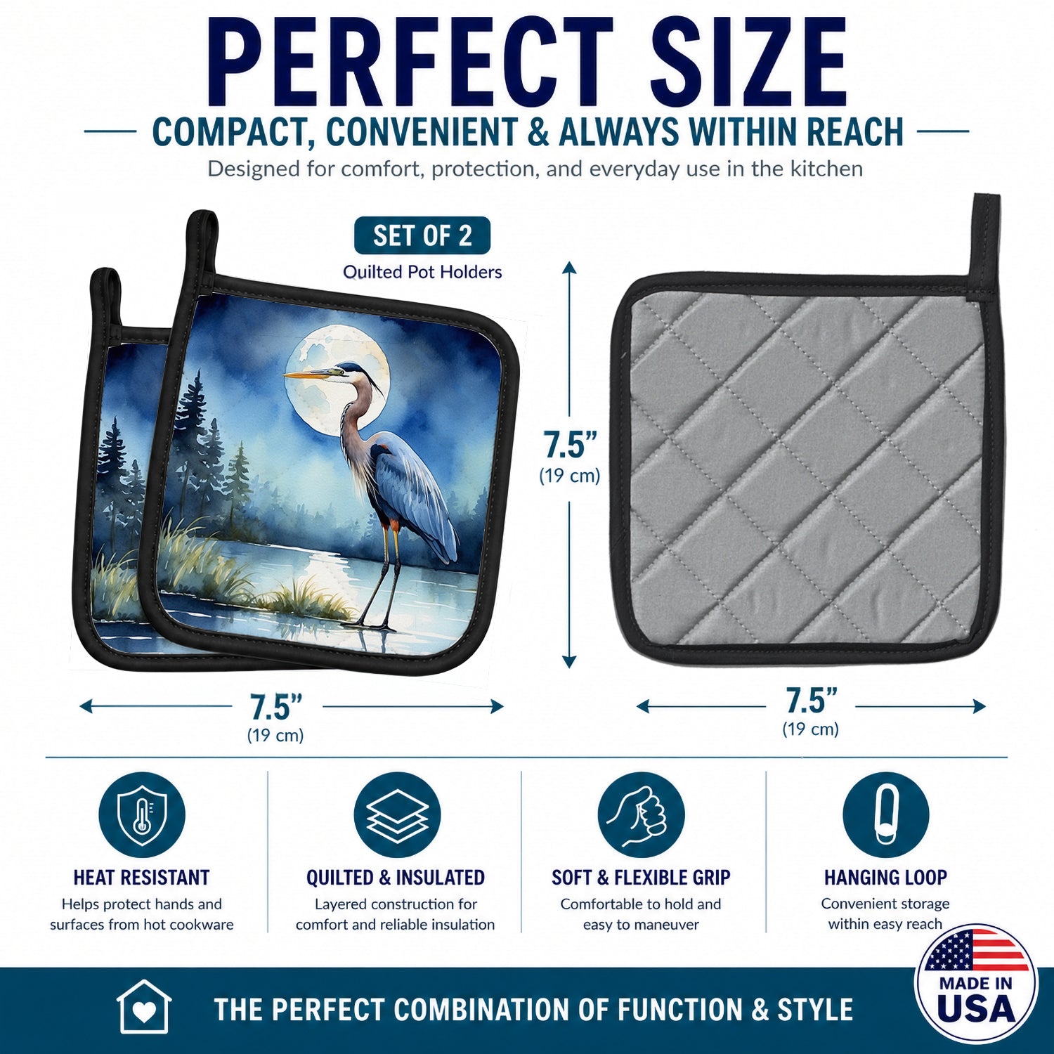 Great Blue Heron Lake Reflection Watercolor Pot Holder Set of 2 Heat Resistant Quilted Hot Pads 7.5 x 7.5 Inch, Insulated Kitchen Trivets for Cooking & Baking