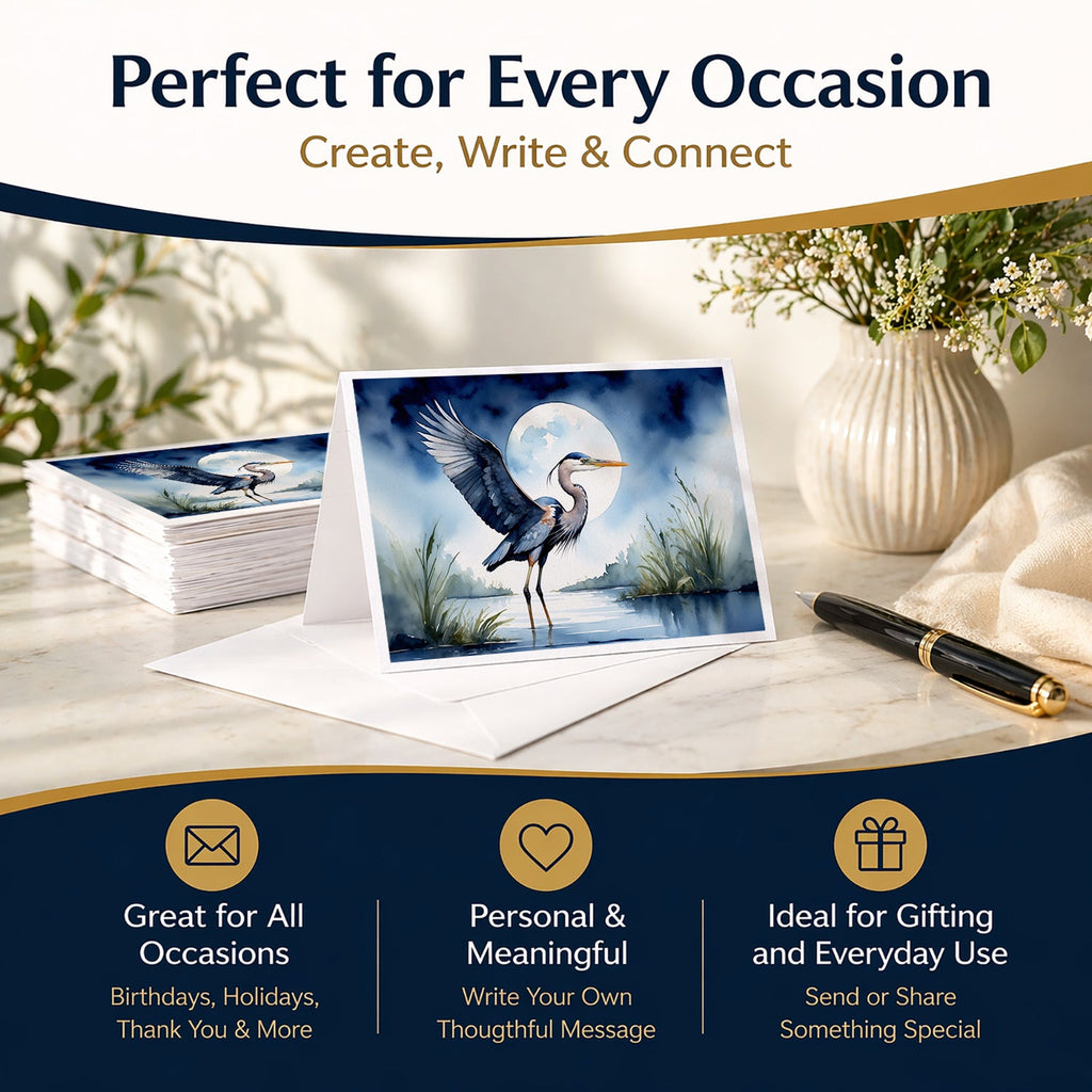 Great Blue Heron Sunrise Lake Watercolor Greeting Cards Pack of 8 Blank Cards with Envelopes Whimsical A7 Size 5x7