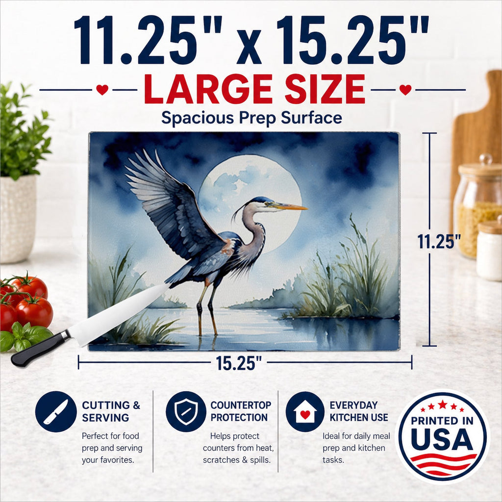Great Blue Heron Sunrise Lake Watercolor Cutting Board Tempered Glass Kitchen Cutting Surface, Heat Resistant Chopping, Non-Slip Feet, Food Prep & Serving