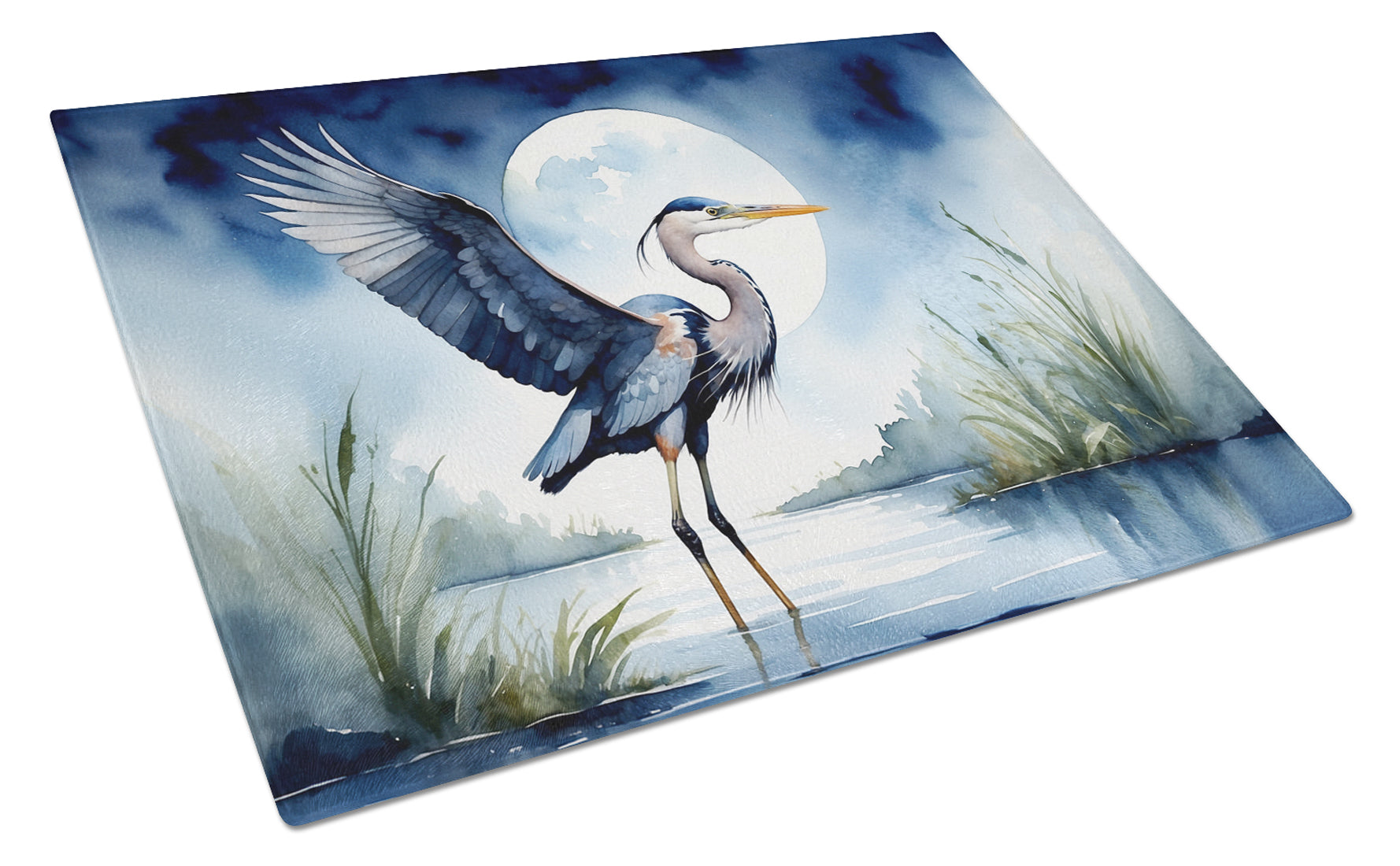 Great Blue Heron Sunrise Lake Watercolor Cutting Board Tempered Glass Kitchen Cutting Surface, Heat Resistant Chopping, Non-Slip Feet, Food Prep & Serving