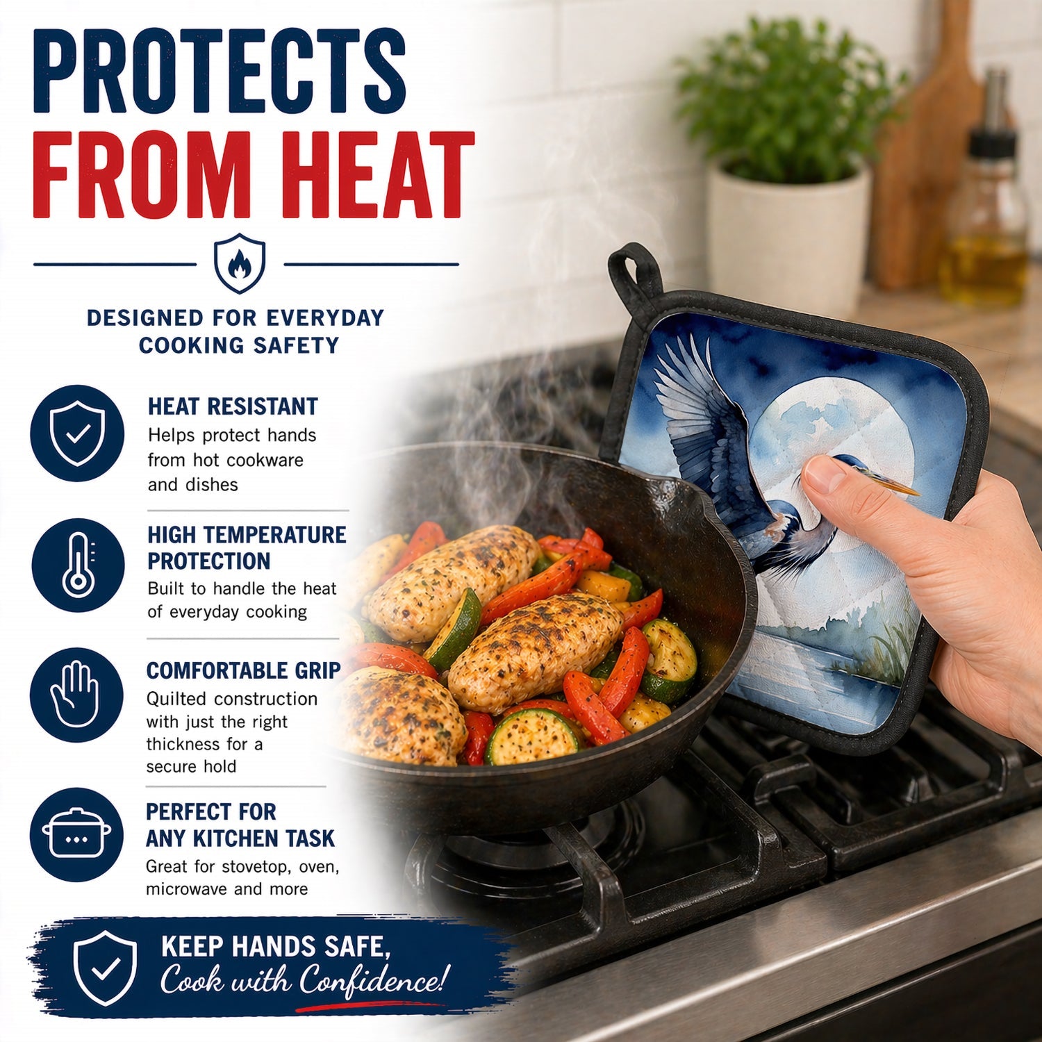 Great Blue Heron Sunrise Lake Watercolor Pot Holder Set of 2 Heat Resistant Quilted Hot Pads 7.5 x 7.5 Inch, Insulated Kitchen Trivets for Cooking & Baking