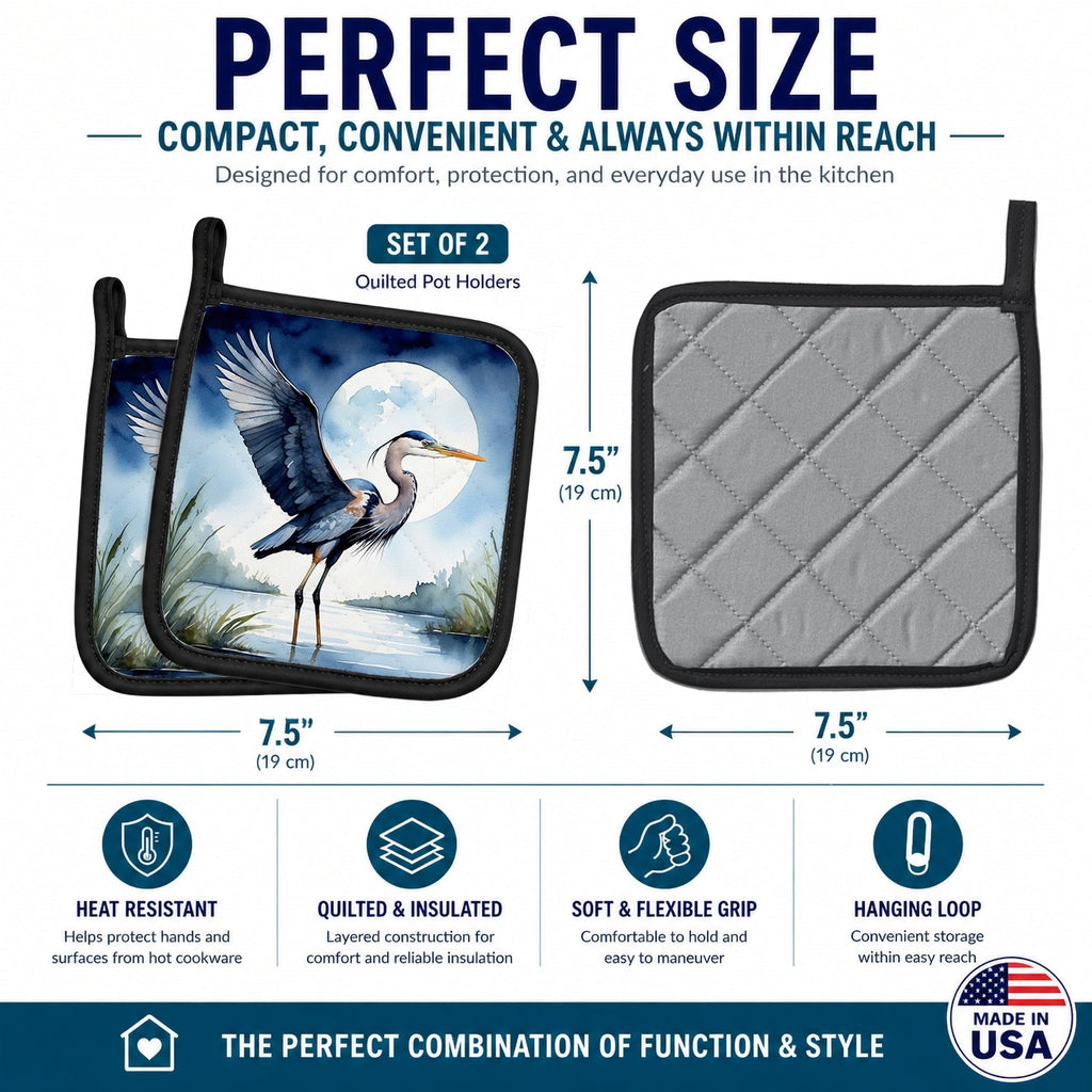 Great Blue Heron Sunrise Lake Watercolor Pot Holder Set of 2 Heat Resistant Quilted Hot Pads 7.5 x 7.5 Inch, Insulated Kitchen Trivets for Cooking & Baking