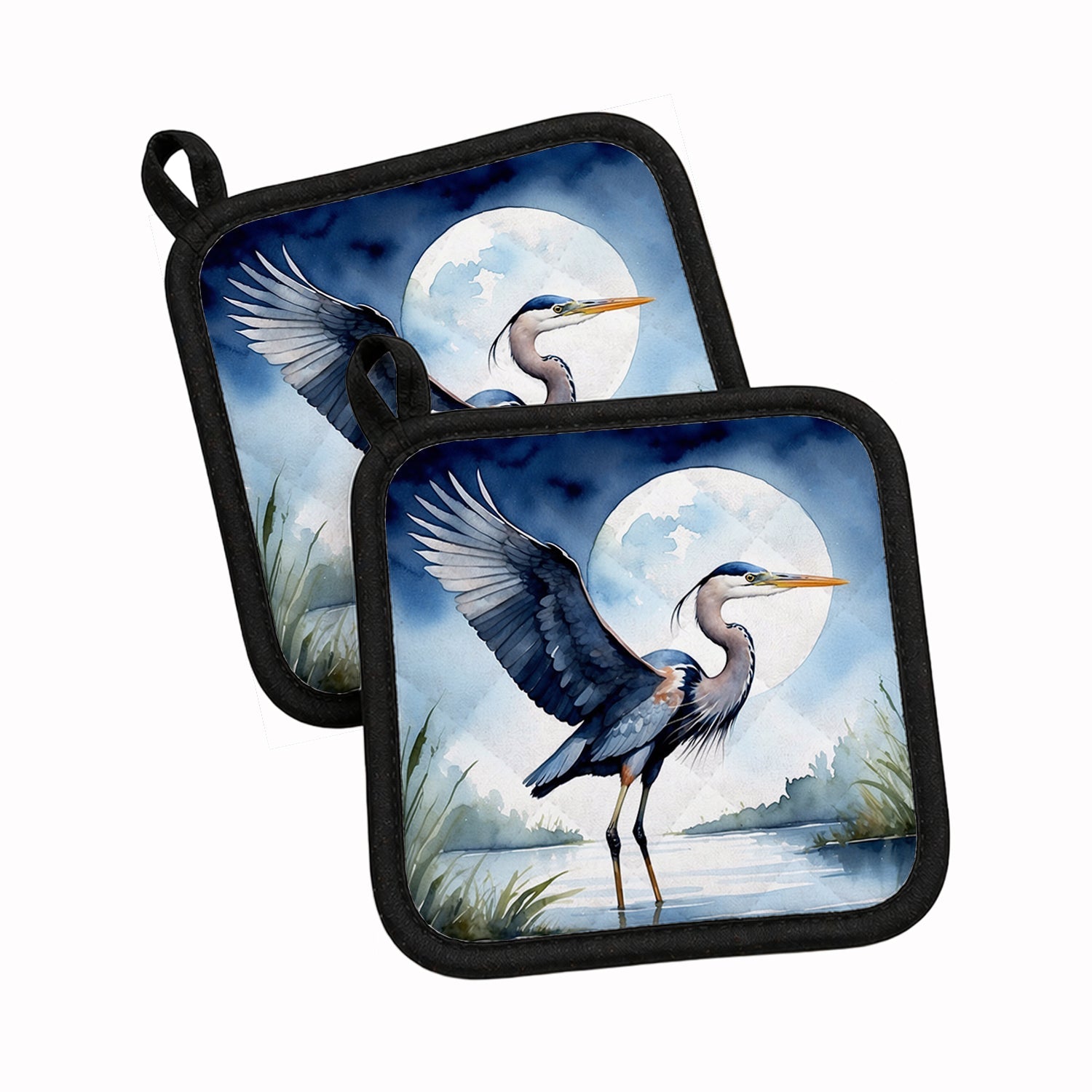 Great Blue Heron Sunrise Lake Watercolor Pot Holder Set of 2 Heat Resistant Quilted Hot Pads 7.5 x 7.5 Inch, Insulated Kitchen Trivets for Cooking & Baking