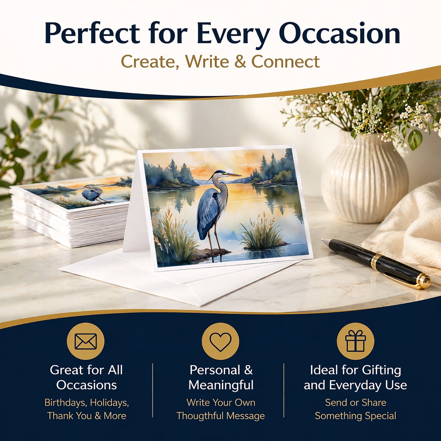 Great Blue Heron Wings Spread Moonlight Watercolor Greeting Cards Pack of 8 Blank Cards with Envelopes Whimsical A7 Size 5x7