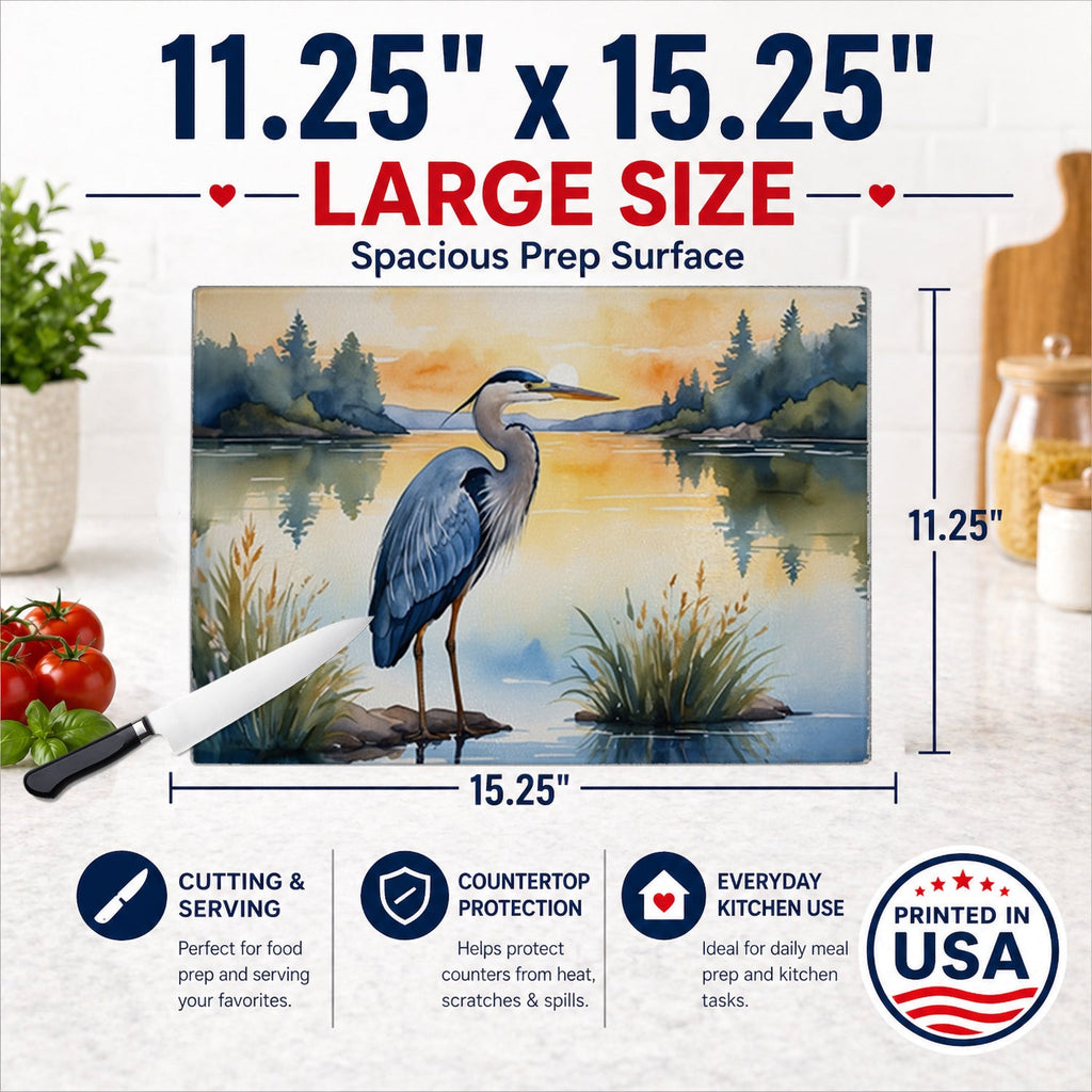 Great Blue Heron Wings Spread Moonlight Watercolor Cutting Board Tempered Glass Kitchen Cutting Surface, Heat Resistant Chopping, Non-Slip Feet, Food Prep & Serving