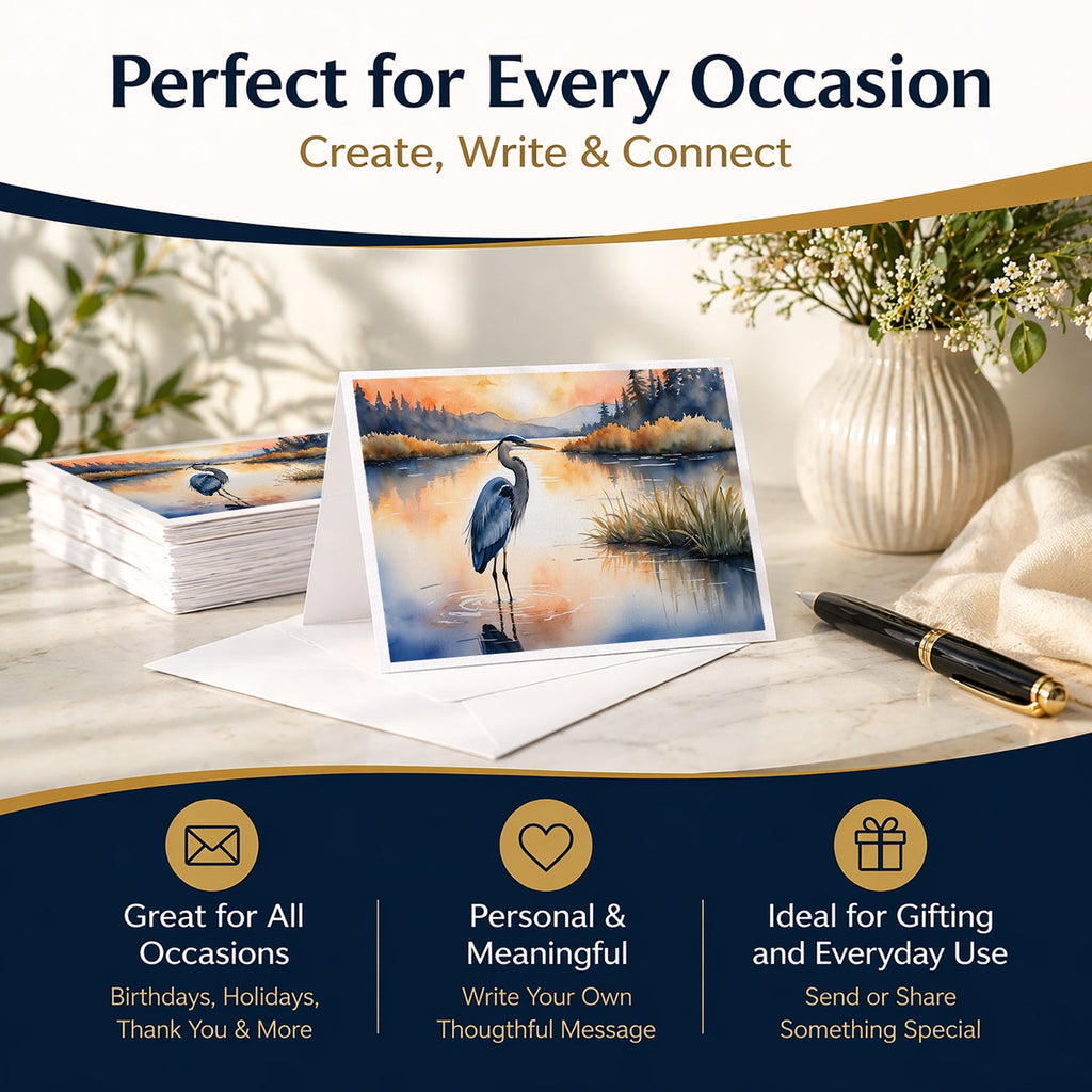 Great Blue Heron Calm Water Reflection Watercolor Greeting Cards Pack of 8 Blank Cards with Envelopes Whimsical A7 Size 5x7