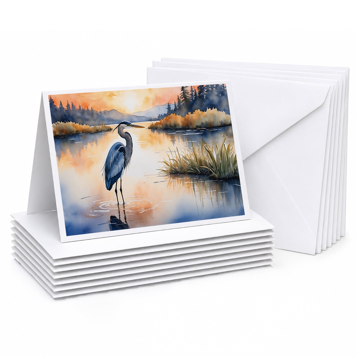 Great Blue Heron Calm Water Reflection Watercolor Greeting Cards Pack of 8 Blank Cards with Envelopes Whimsical A7 Size 5x7