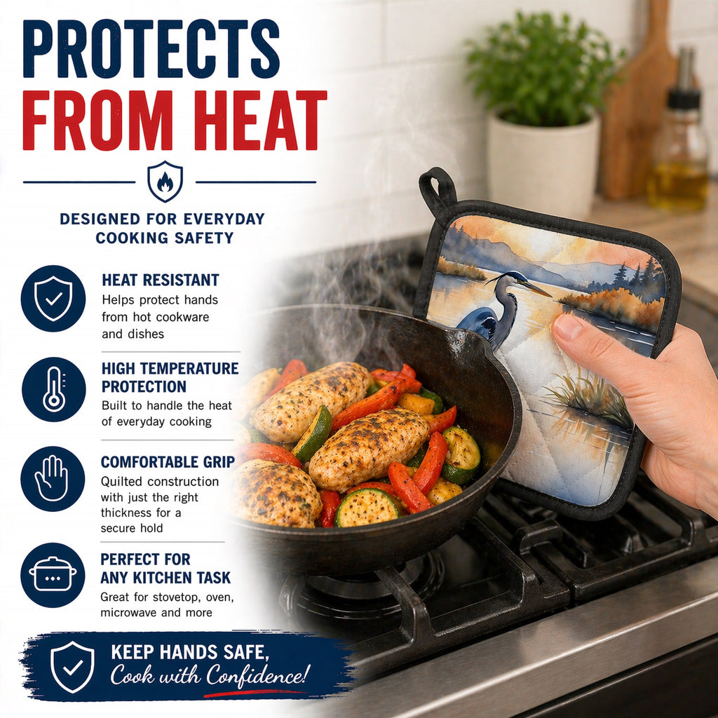 Great Blue Heron Calm Water Reflection Watercolor Pot Holder Set of 2 Heat Resistant Quilted Hot Pads 7.5 x 7.5 Inch, Insulated Kitchen Trivets for Cooking & Baking
