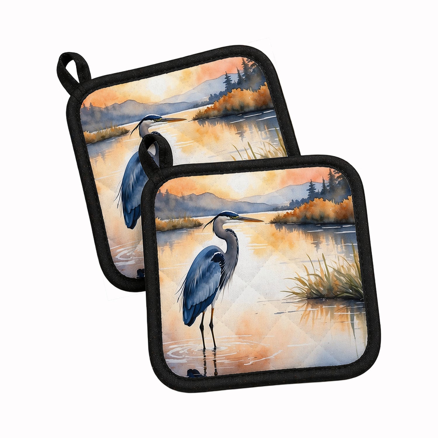 Great Blue Heron Calm Water Reflection Watercolor Pot Holder Set of 2 Heat Resistant Quilted Hot Pads 7.5 x 7.5 Inch, Insulated Kitchen Trivets for Cooking & Baking