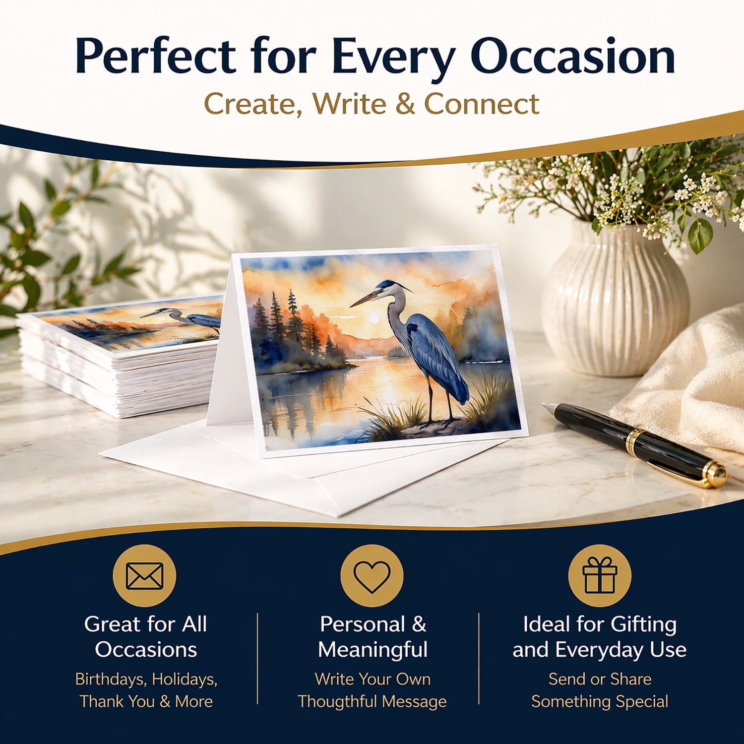 Great Blue Heron Sunset Landscape Watercolor Greeting Cards Pack of 8 Blank Cards with Envelopes Whimsical A7 Size 5x7