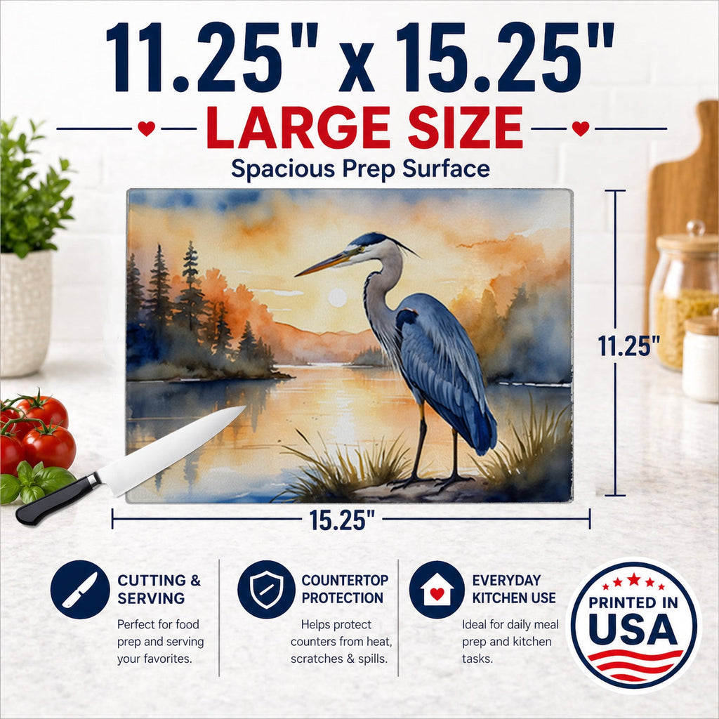 Great Blue Heron Sunset Landscape Watercolor Cutting Board Tempered Glass Kitchen Cutting Surface, Heat Resistant Chopping, Non-Slip Feet, Food Prep & Serving