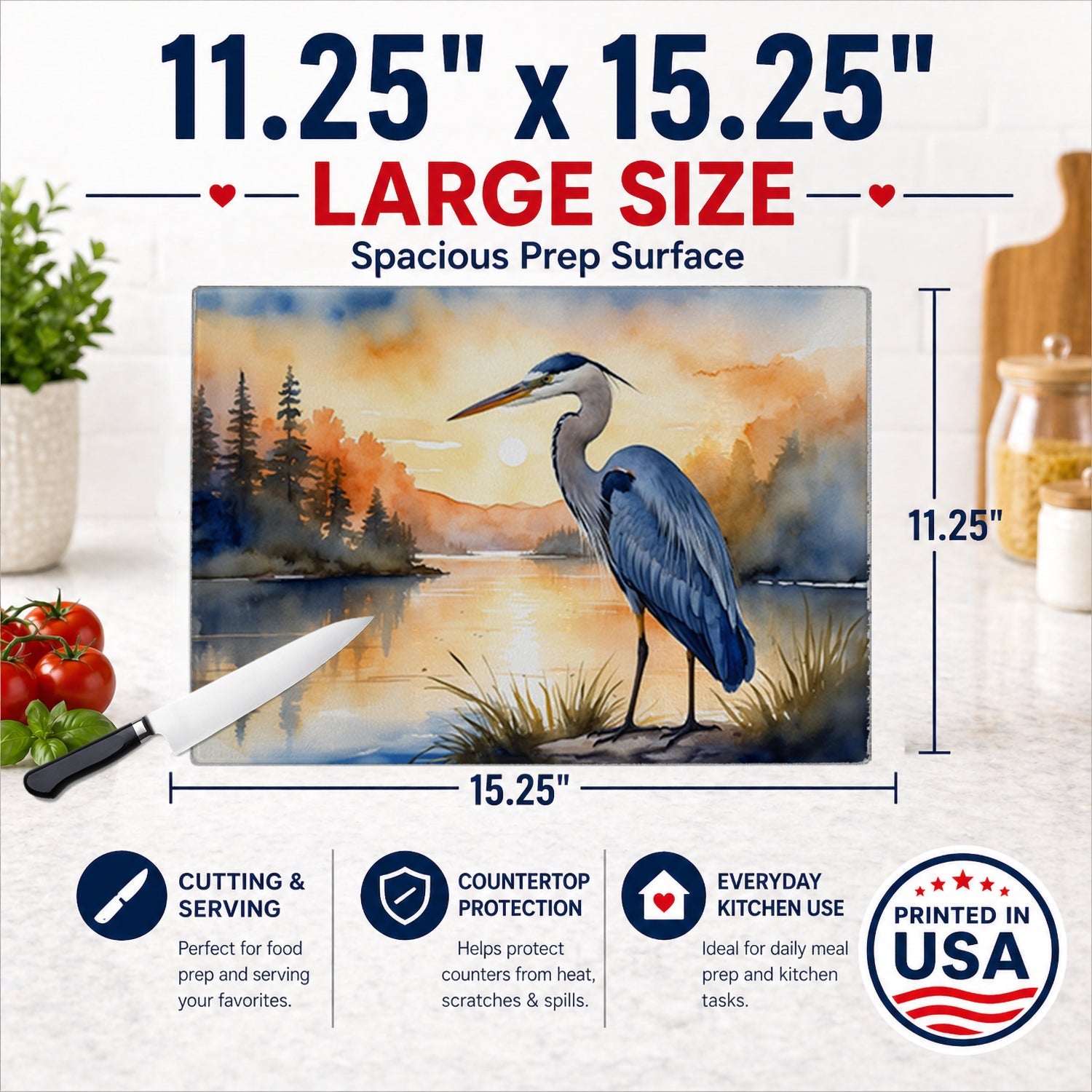 Great Blue Heron Sunset Landscape Watercolor Cutting Board Tempered Glass Kitchen Cutting Surface, Heat Resistant Chopping, Non-Slip Feet, Food Prep & Serving