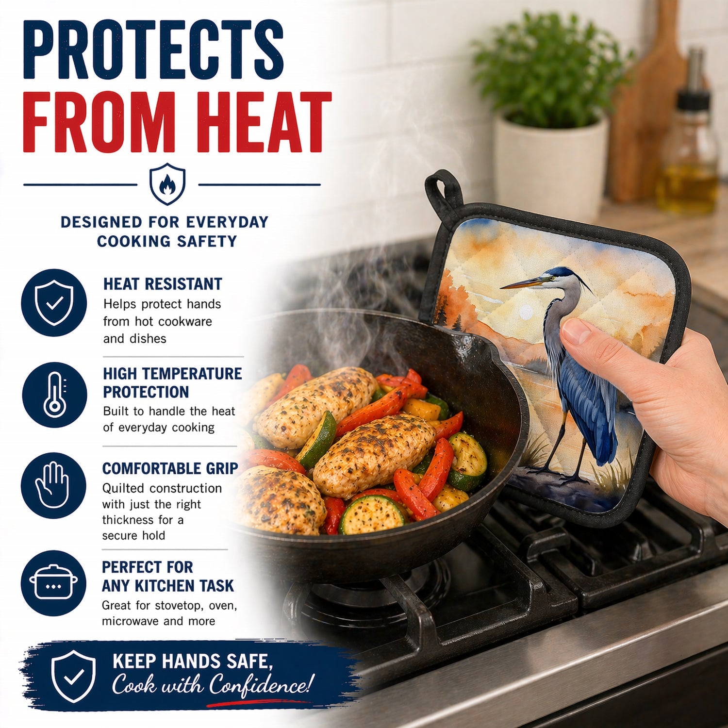 Great Blue Heron Sunset Landscape Watercolor Pot Holder Set of 2 Heat Resistant Quilted Hot Pads 7.5 x 7.5 Inch, Insulated Kitchen Trivets for Cooking & Baking