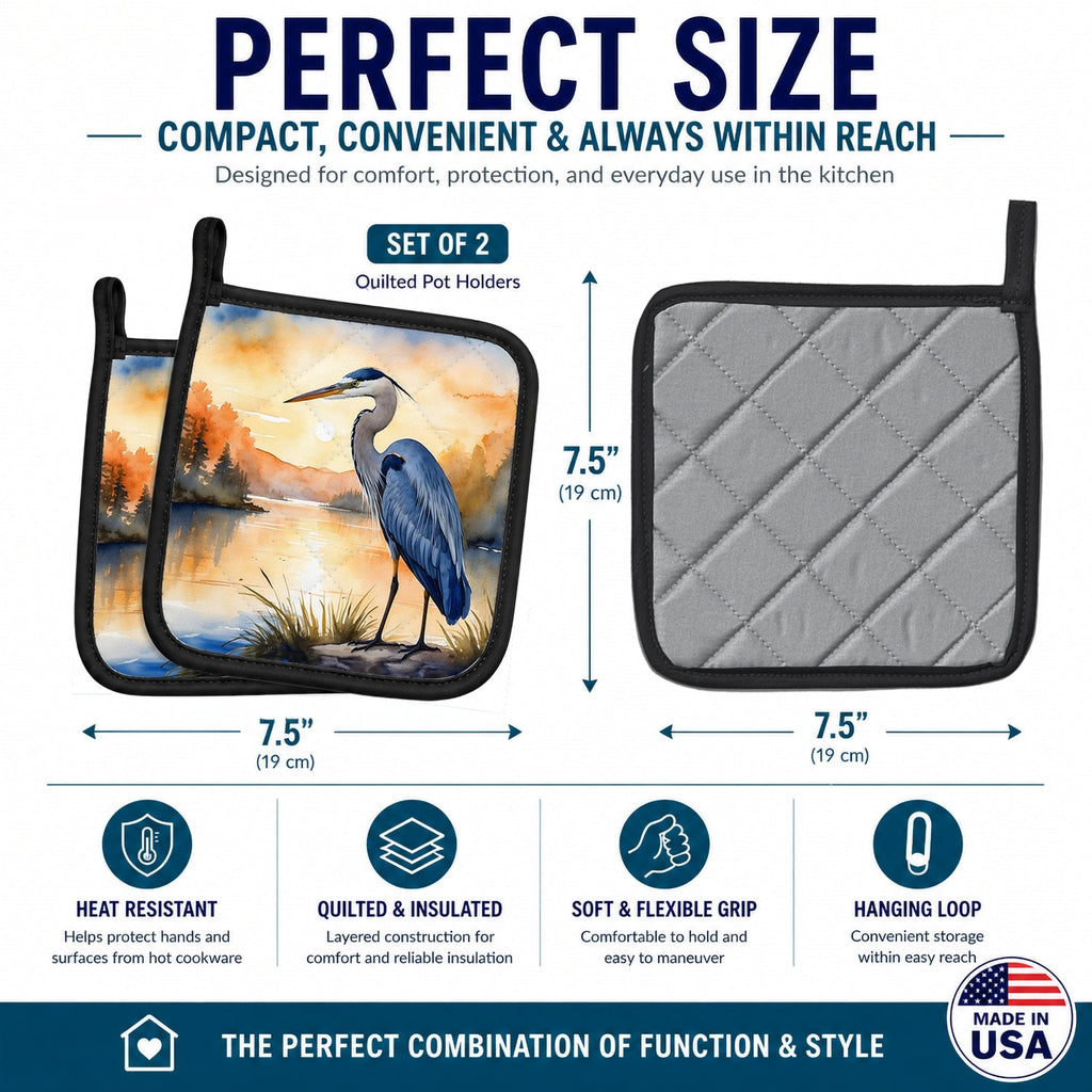 Great Blue Heron Sunset Landscape Watercolor Pot Holder Set of 2 Heat Resistant Quilted Hot Pads 7.5 x 7.5 Inch, Insulated Kitchen Trivets for Cooking & Baking