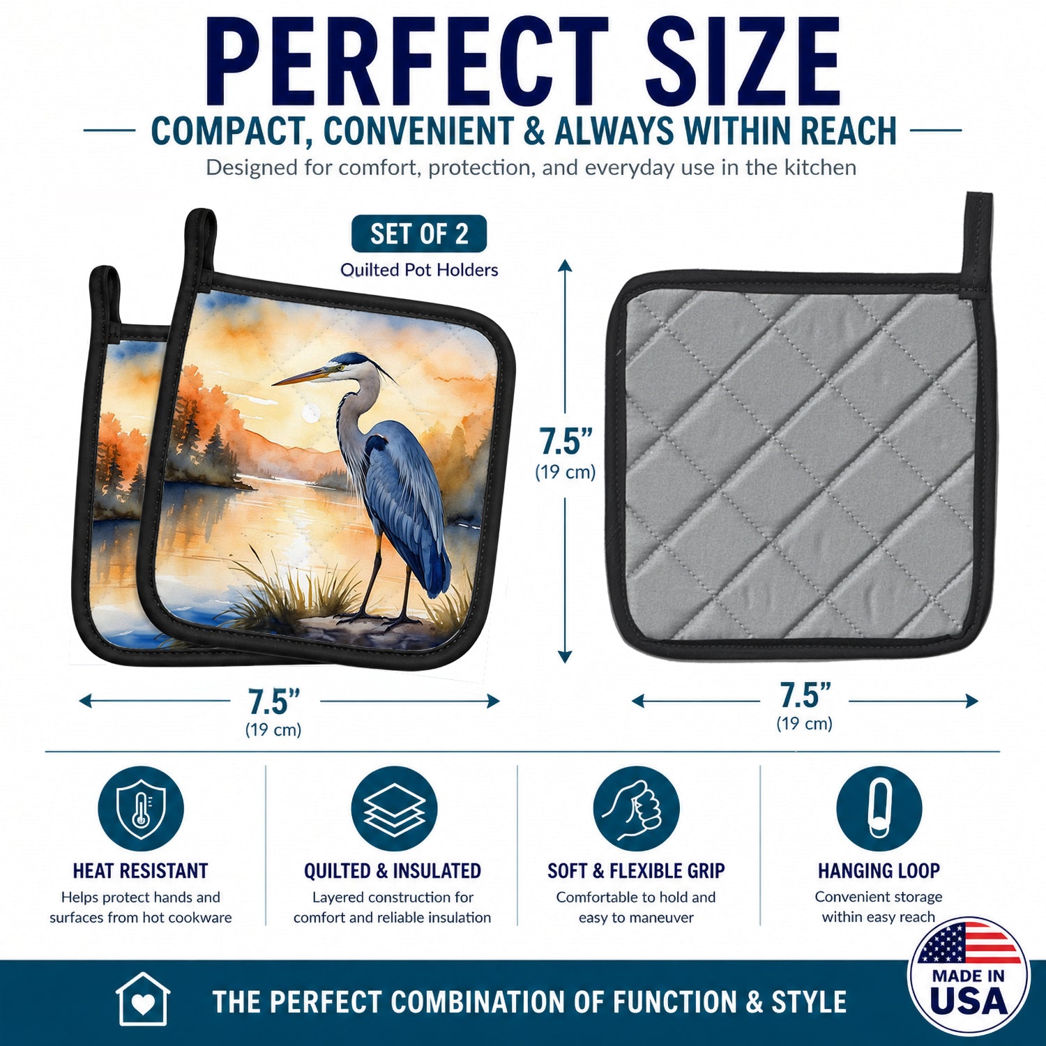Great Blue Heron Sunset Landscape Watercolor Pot Holder Set of 2 Heat Resistant Quilted Hot Pads 7.5 x 7.5 Inch, Insulated Kitchen Trivets for Cooking & Baking