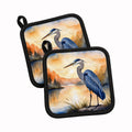 Great Blue Heron Sunset Landscape Watercolor Pot Holder Set of 2 Heat Resistant Quilted Hot Pads 7.5 x 7.5 Inch, Insulated Kitchen Trivets for Cooking & Baking